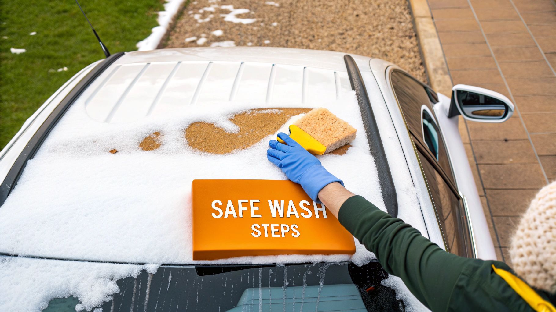 A person in blue gloves washes snow off a white car roof with a sponge, revealing a 'SAFE WASH STEPS' sign.