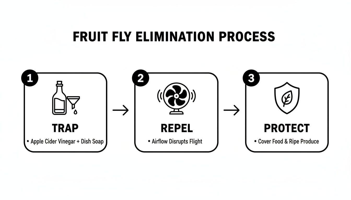 Infographic detailing a three-step fruit fly elimination process: Trap, Repel, and Protect with specific methods.