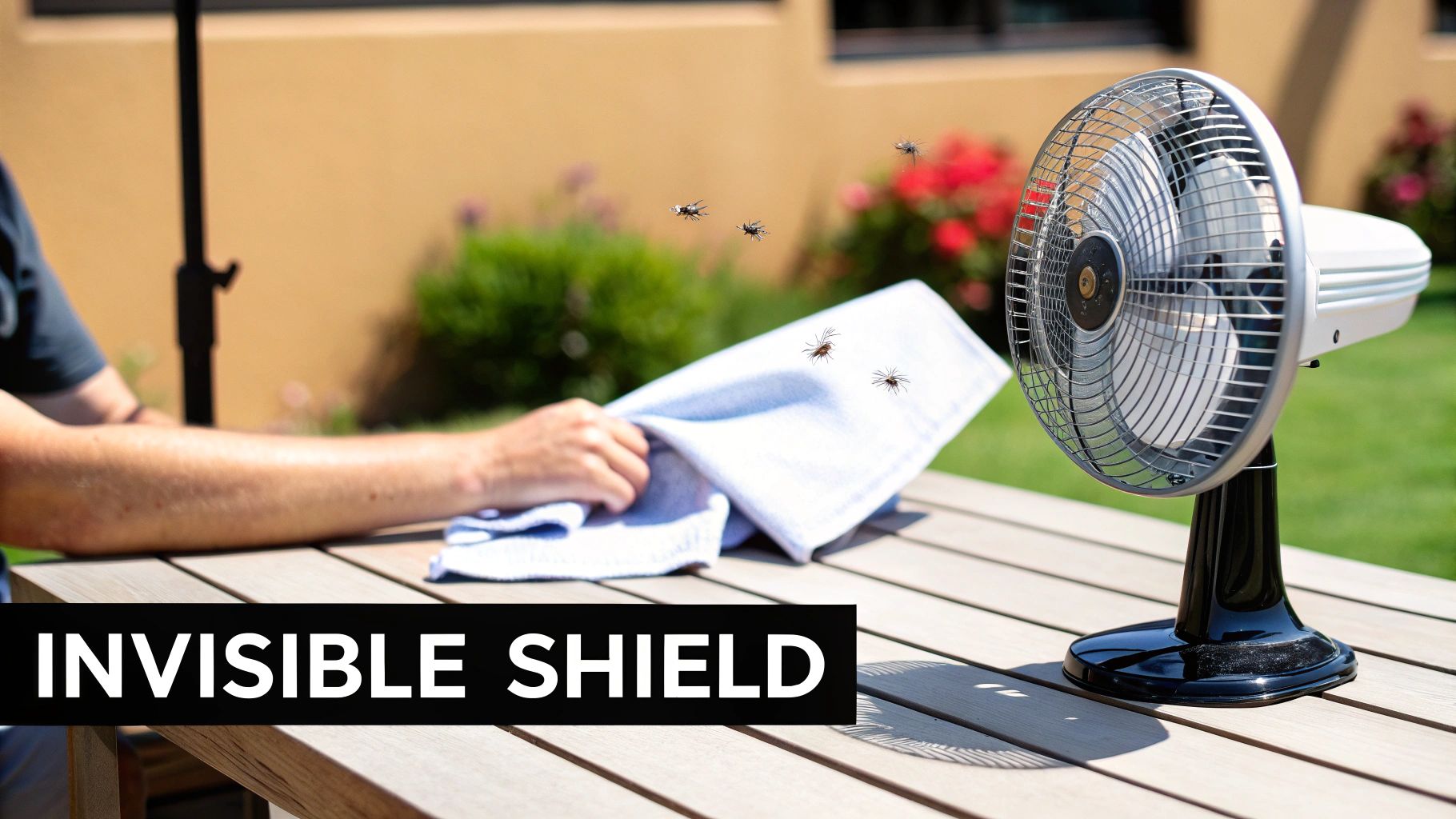 A person's arm rests on a wooden table outdoors next to a white towel, several flies, and a fan, with 'INVISIBLE SHIELD' text.