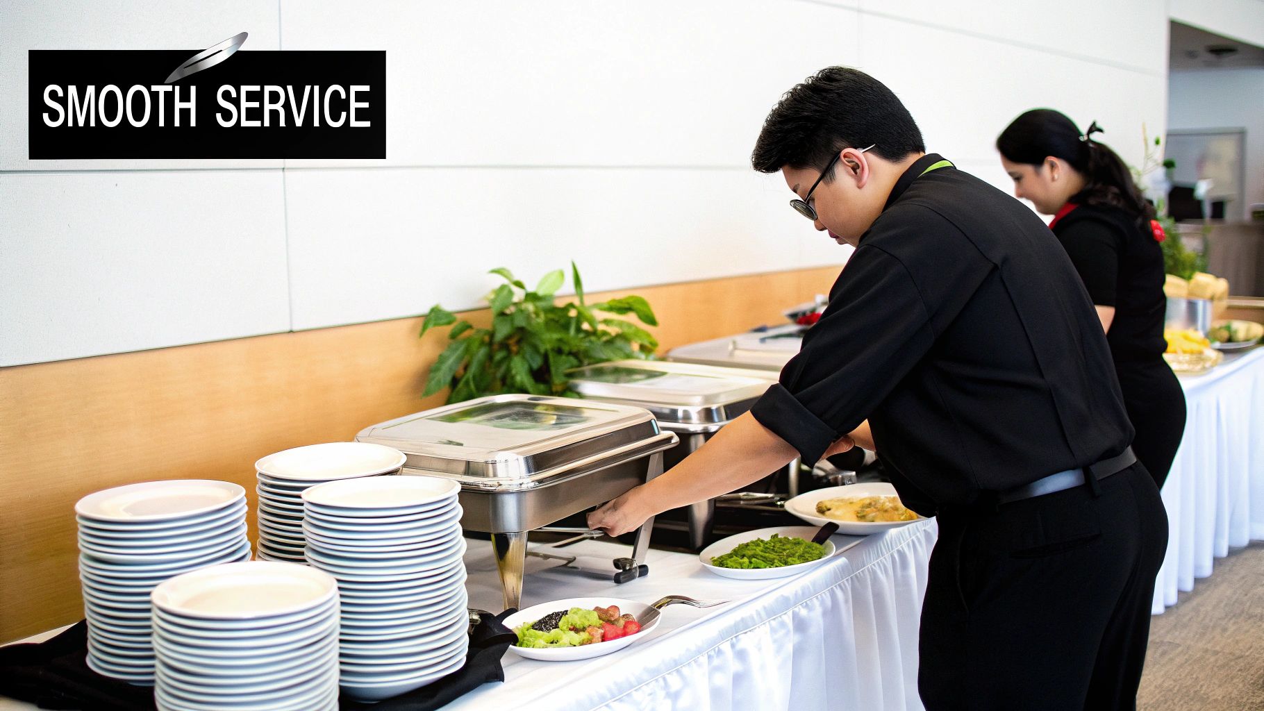 Two catering staff members setting up a buffet line with hot food, salads, and plates.