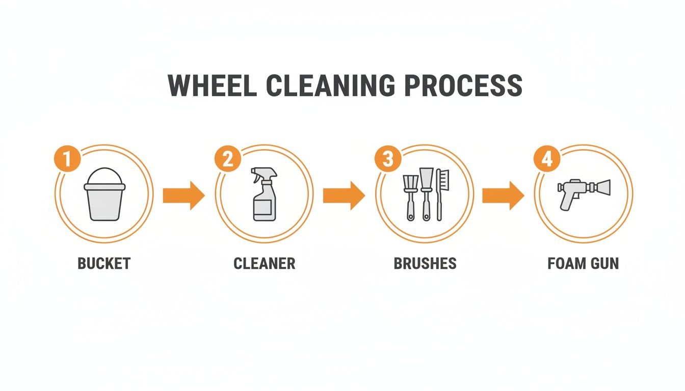 An infographic showing a four-step wheel cleaning process: bucket, cleaner, brushes, and foam gun.
