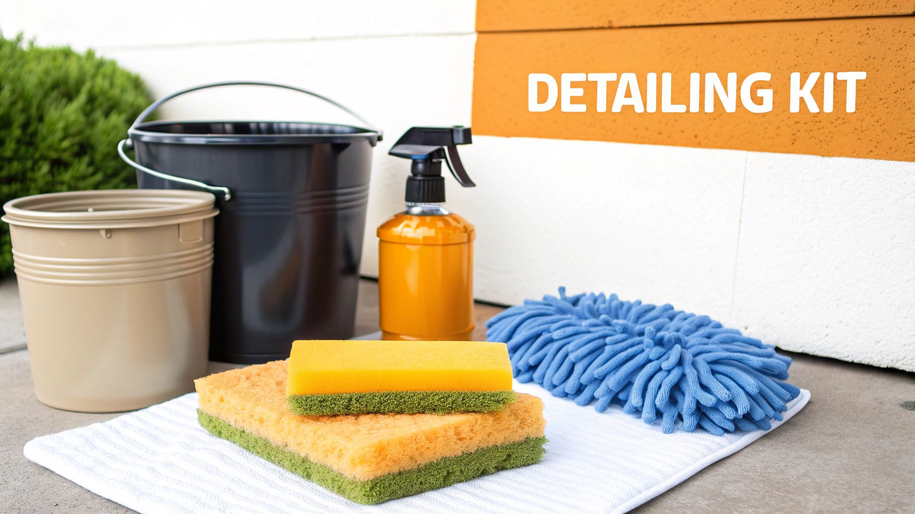 A complete car detailing kit with buckets, spray bottle, sponges, and a microfiber mitt on a towel.