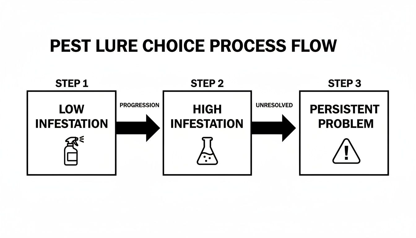 A process flow diagram illustrating pest infestation levels and corresponding lure choice steps.