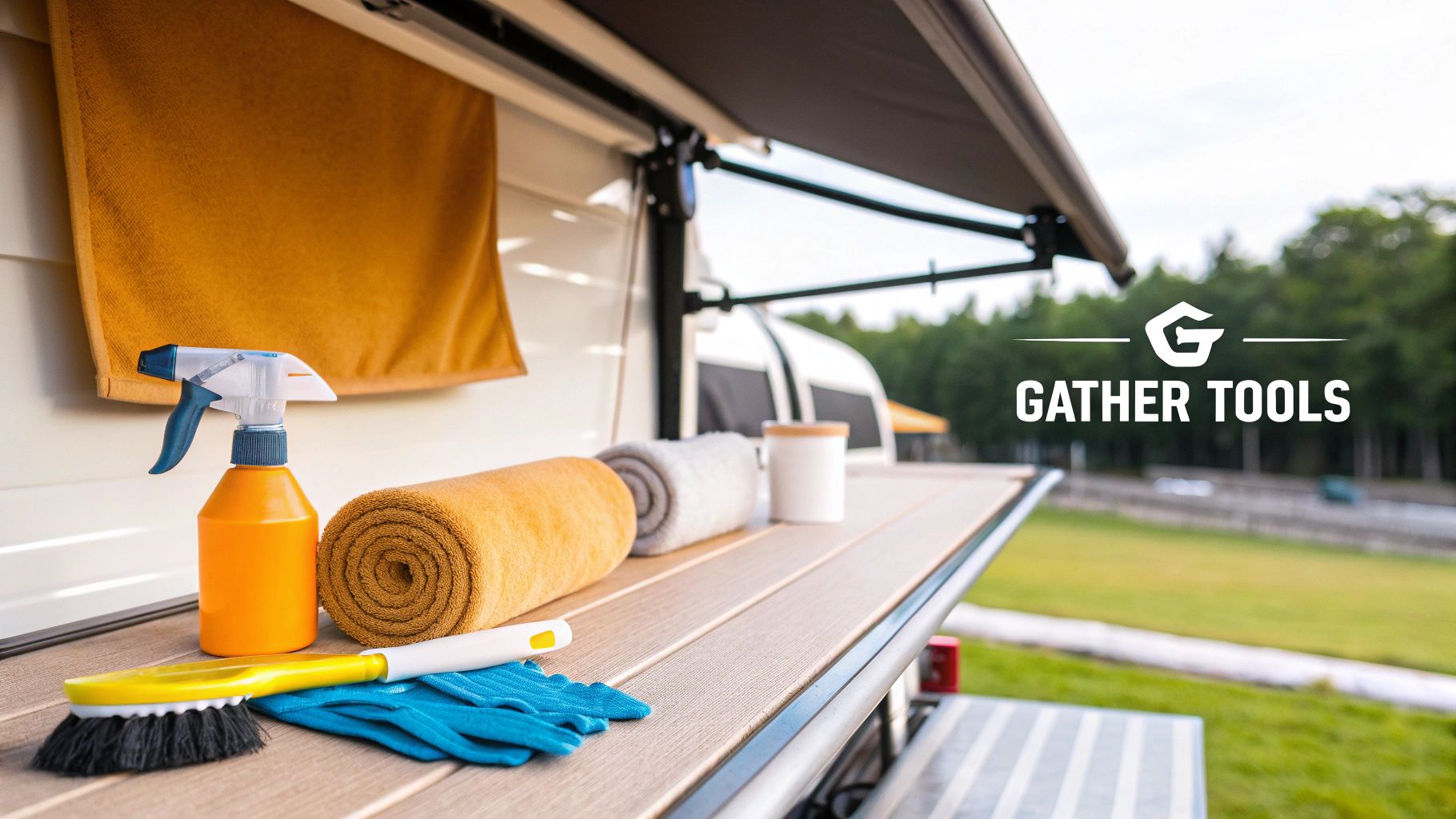 RV awning partially extended over a grassy area with camping chairs underneath, ready for cleaning.