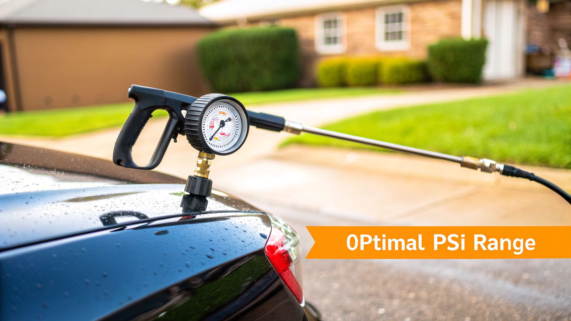 Pressure washer gun with a pressure gauge on a wet black car, showing PSI levels.