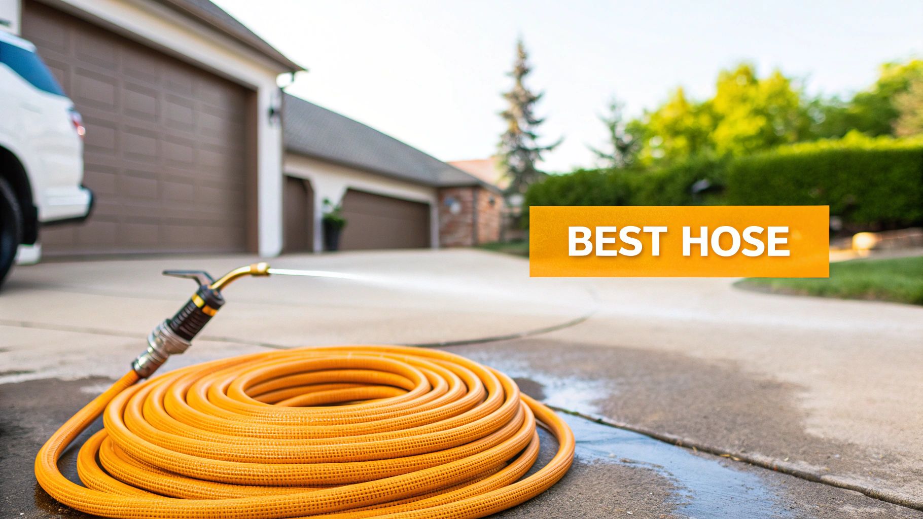 An orange garden hose with a spray nozzle sprays water onto a concrete driveway in front of a house.