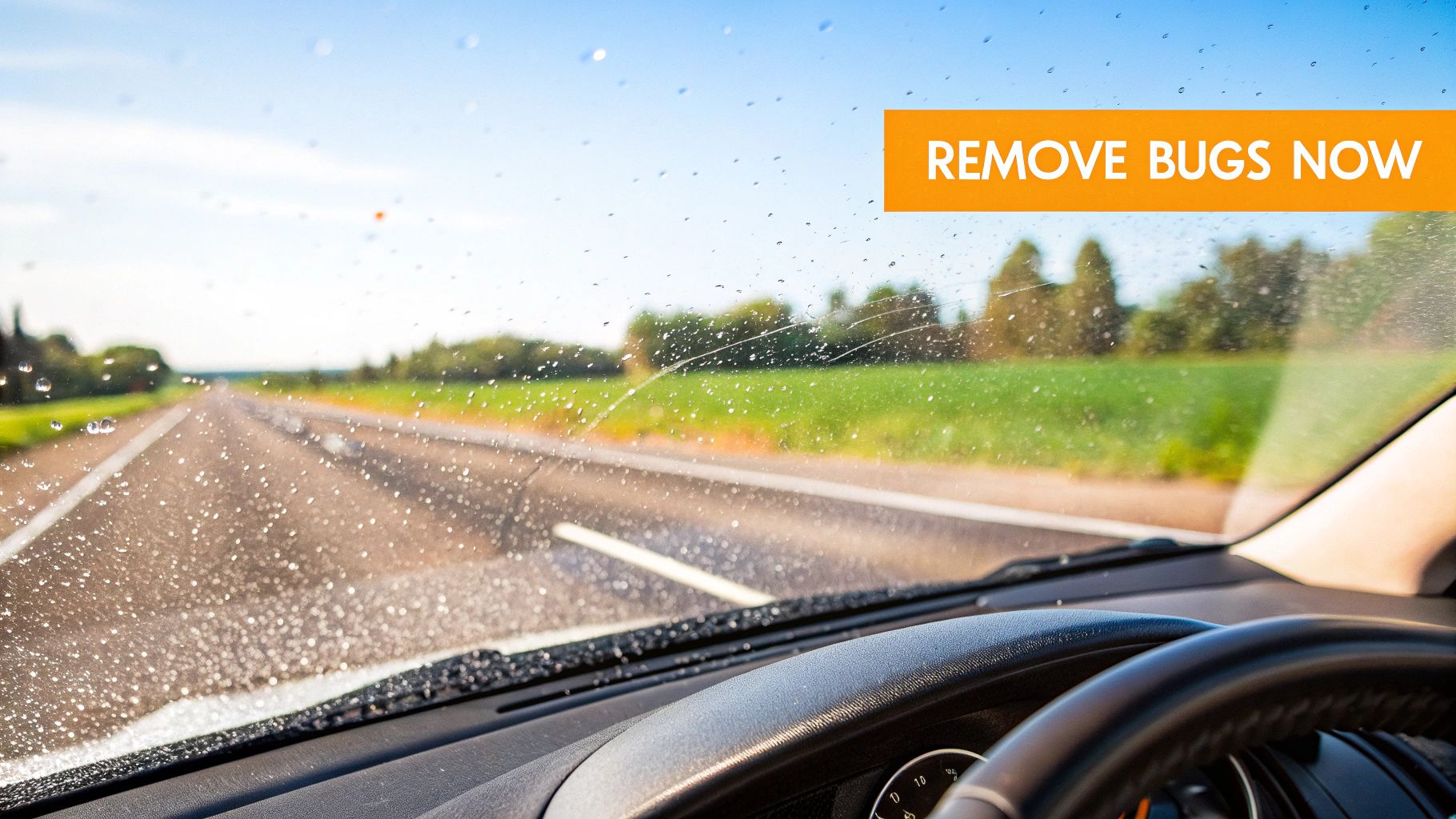 View from inside a car through a bug-splattered windshield, with an orange banner saying 'REMOVE BUGS NOW'.