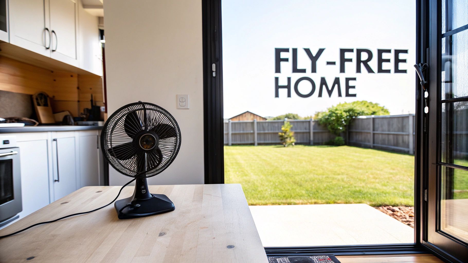 A modern, sleek fly fan placed on an outdoor dining table, effectively keeping flies away from the food.