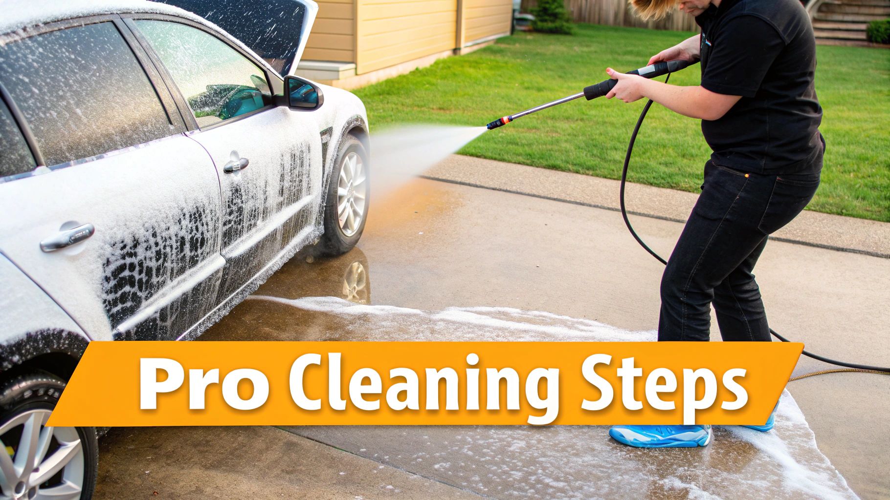 A person using a high-pressure nozzle to clean a wooden deck