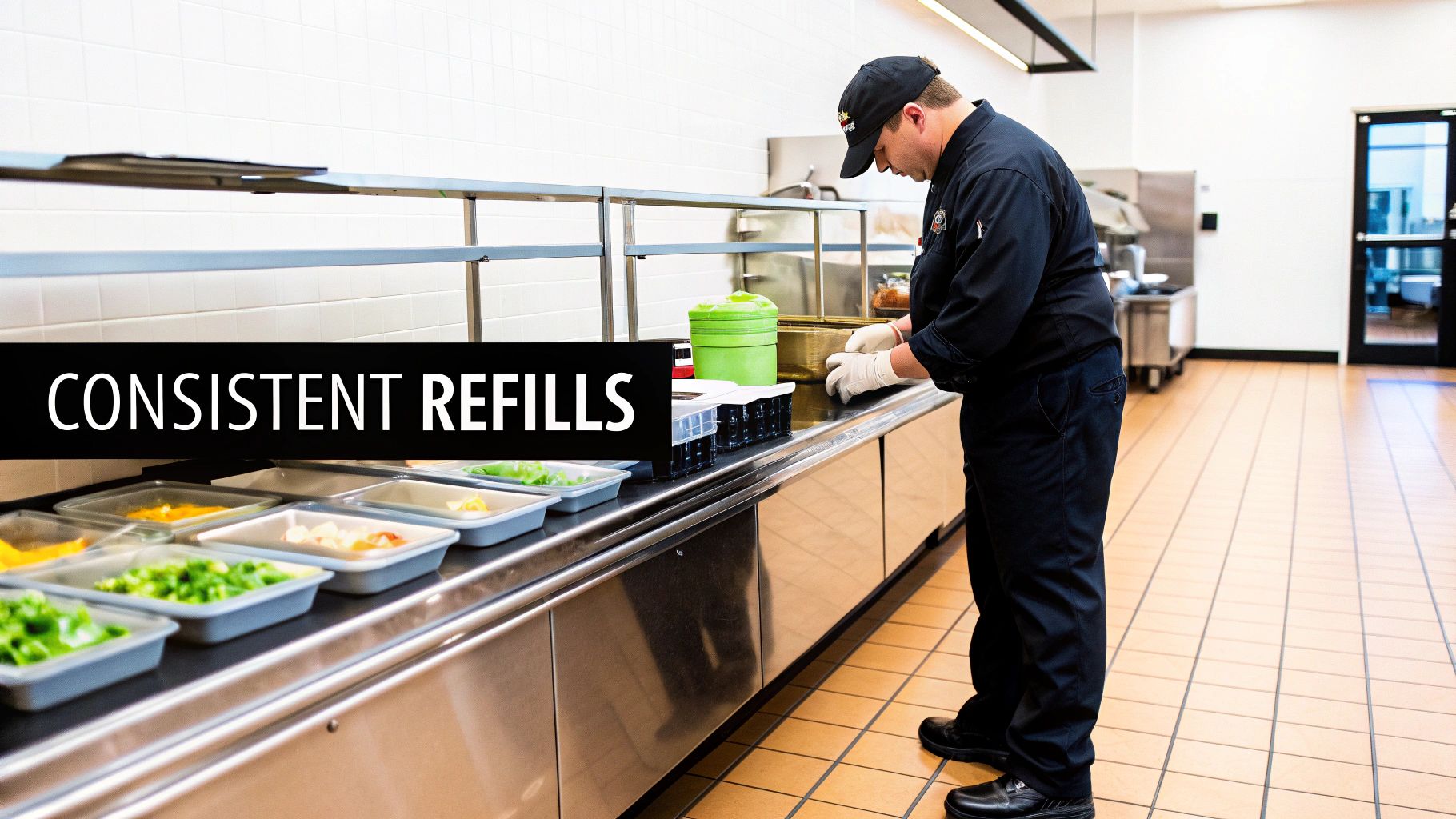 A chef in uniform and gloves refills food trays on a buffet line, ensuring consistent service.