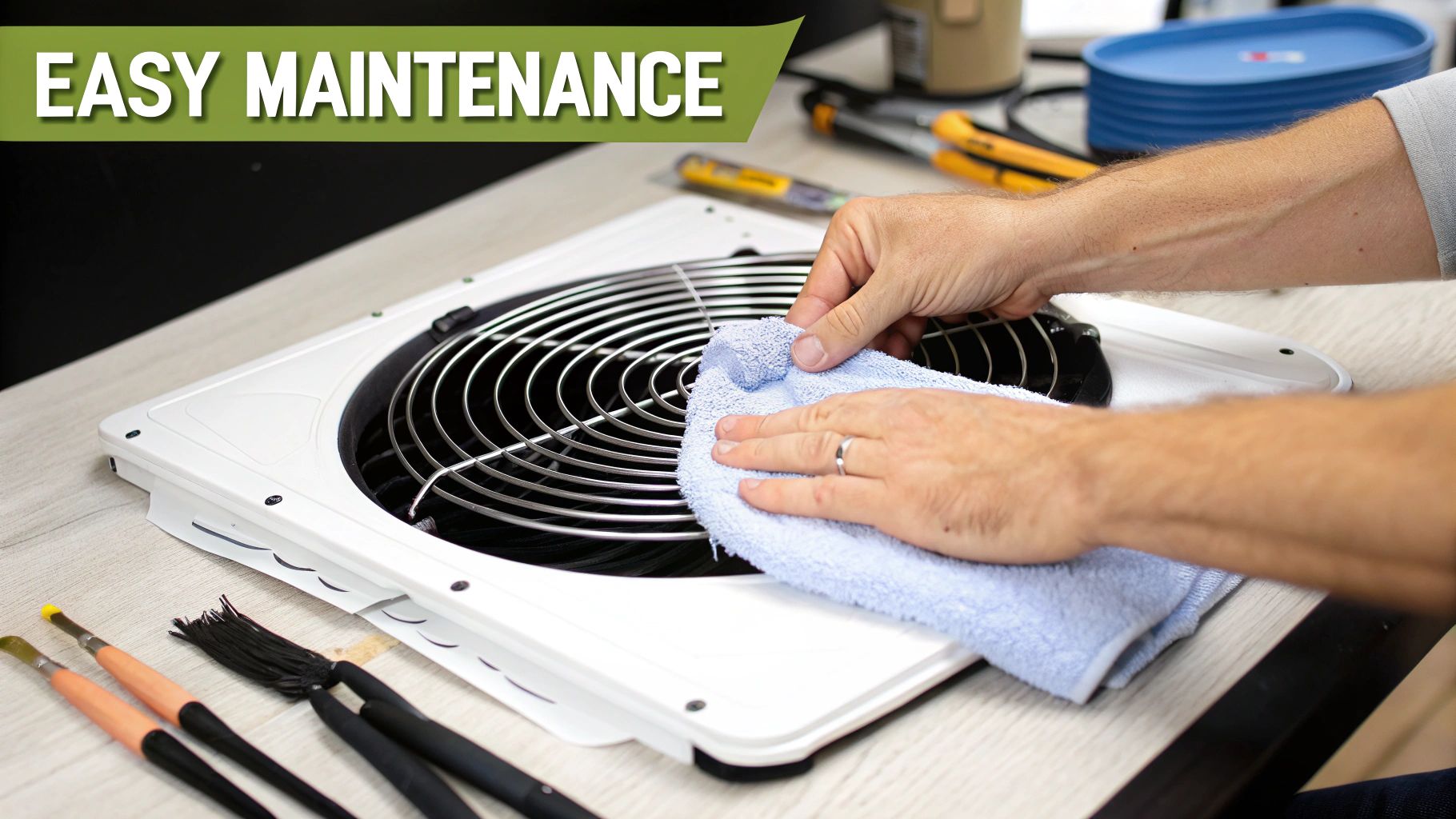 Person cleaning white ventilation fan grille with blue cloth demonstrating easy maintenance procedures