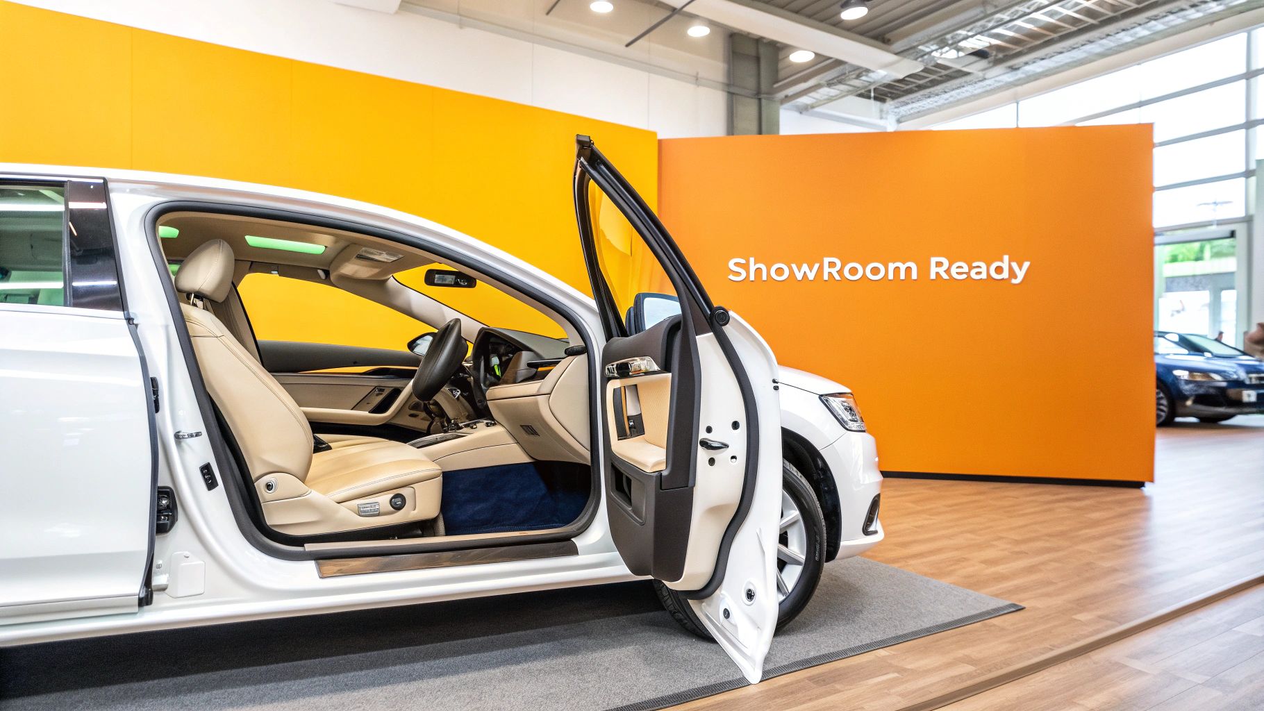 A clean car interior showing the dashboard and seats, highlighting a fresh feel.