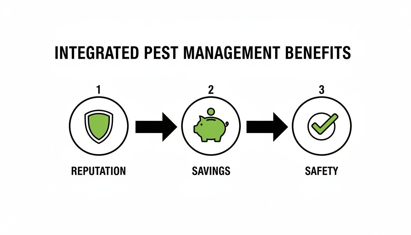 Infographic illustrating the three key benefits of Integrated Pest Management: reputation, savings, and safety.