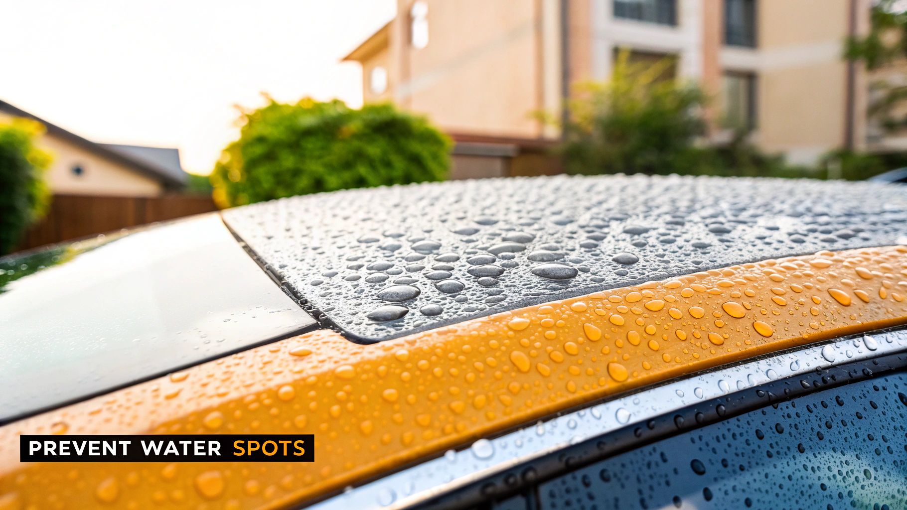 A car with a deep, glossy finish, showing water beading and rolling off a protected paint surface.