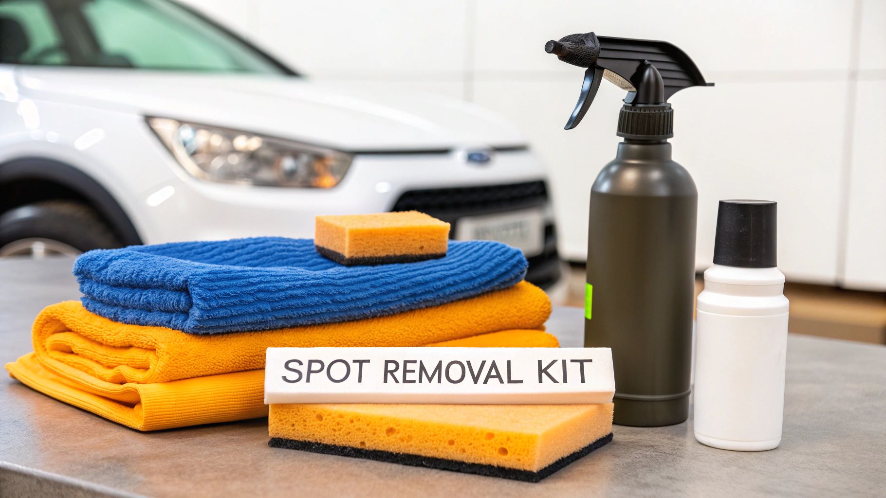 A collection of car detailing supplies, including microfiber towels, spray bottles, and polishes, arranged neatly on a surface.