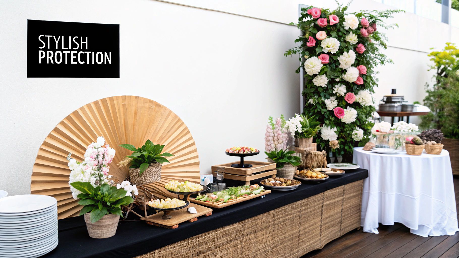 An elegant outdoor buffet setup with a long table of food, floral arrangements, and a large flower wall.