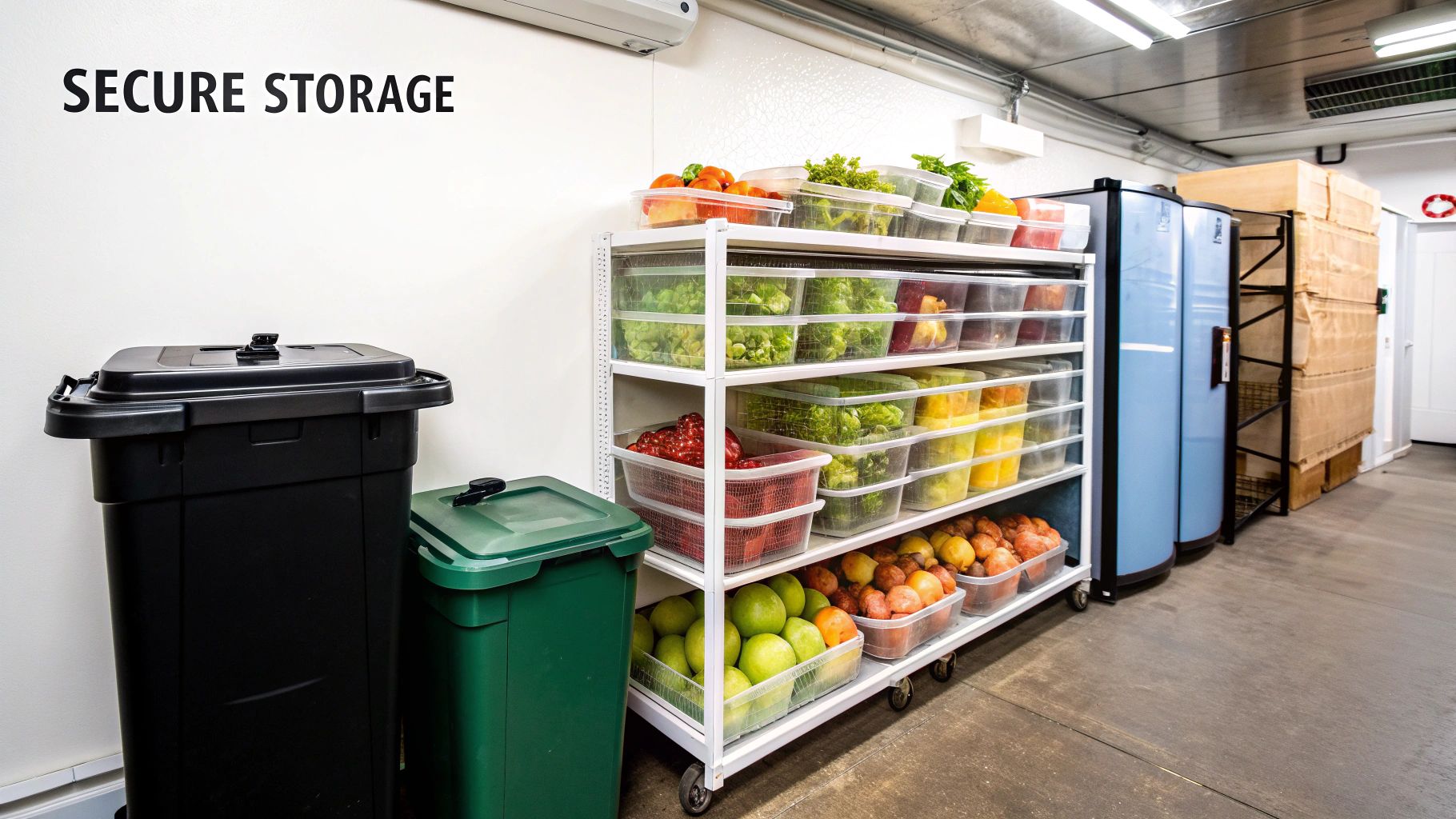 Secure storage room with organized shelves of fresh fruits, vegetables, and refrigerators.
