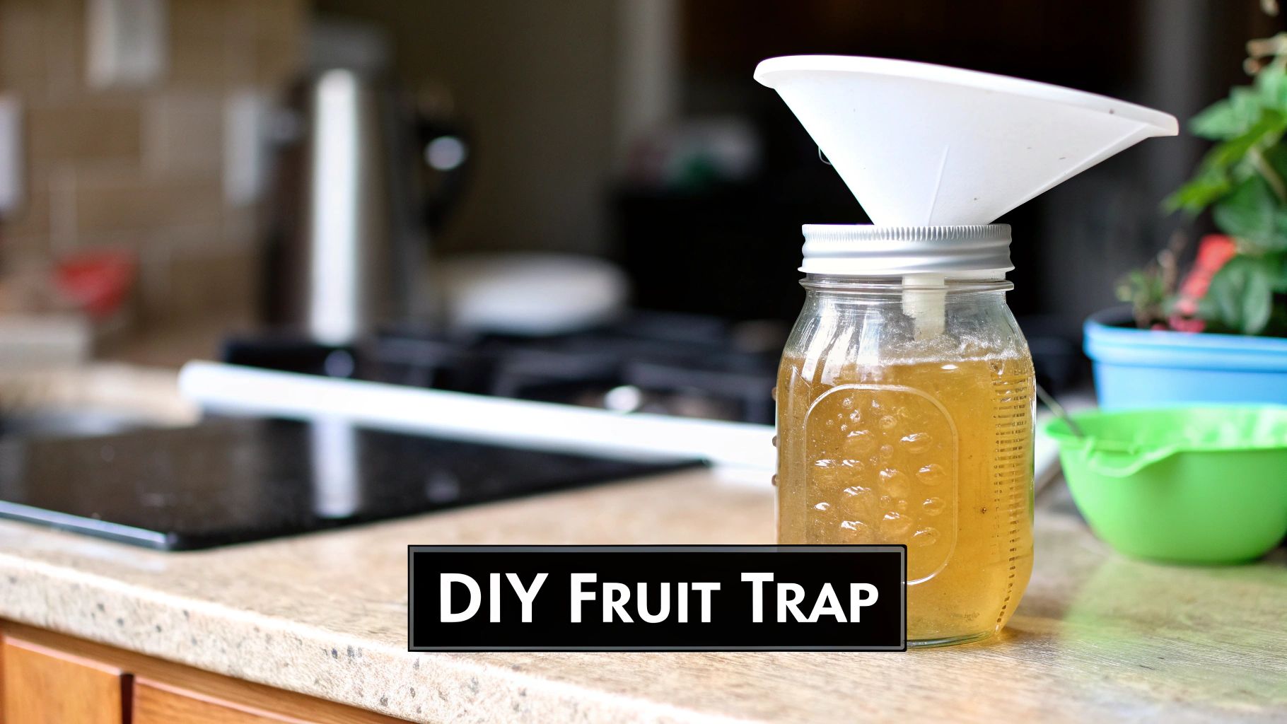 A DIY fruit fly trap, made from a mason jar with a white funnel and yellowish liquid, sits on a kitchen counter.