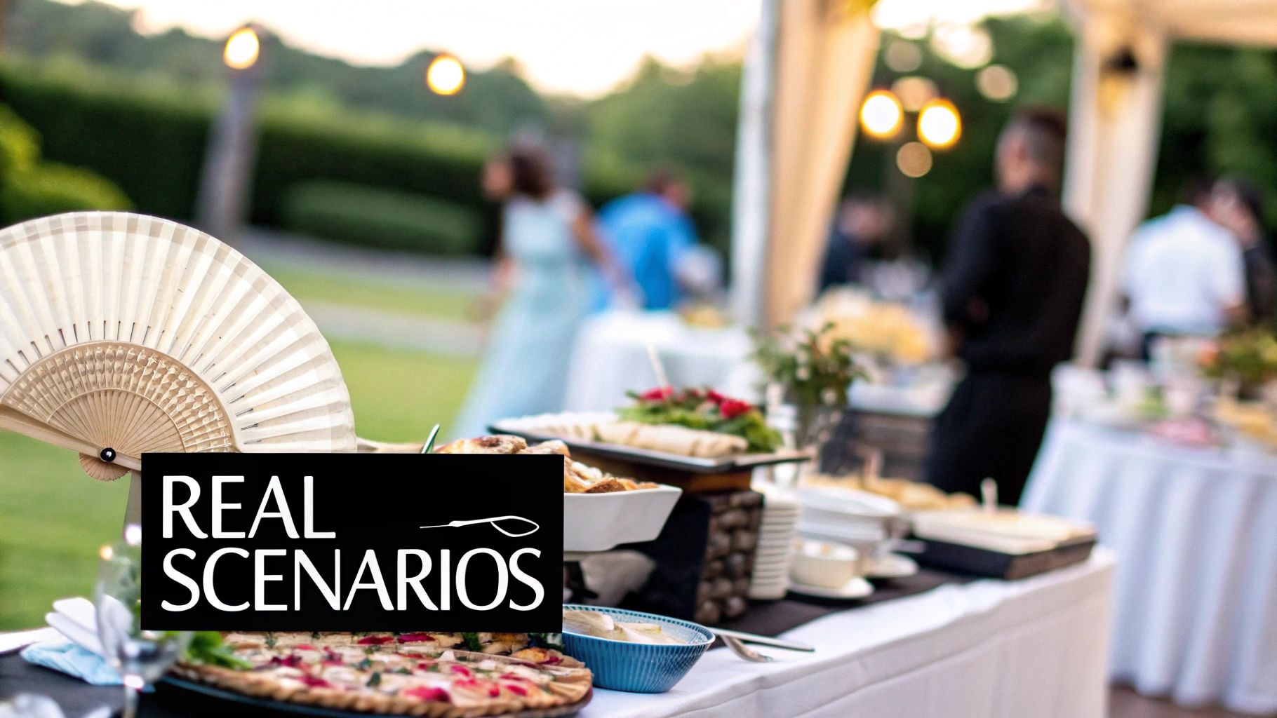 Guests mingle around an elegant outdoor buffet table laden with food and a decorative fan.