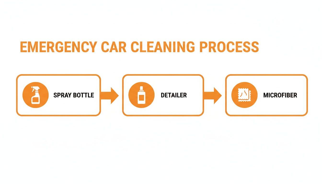A flowchart illustrating the emergency car cleaning process with a spray bottle, detailer, and microfiber cloth.