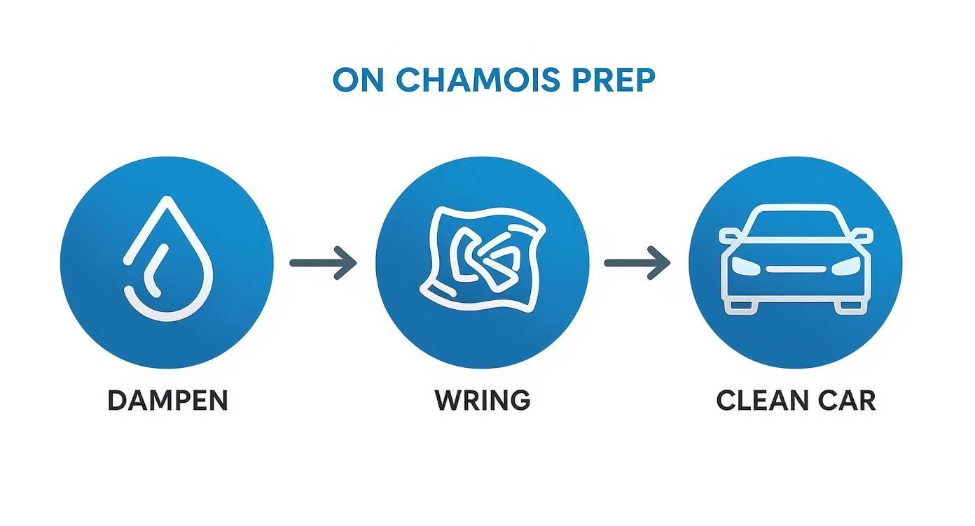 A three-step infographic illustrating how to prepare a chamois: dampen, wring, and clean car.