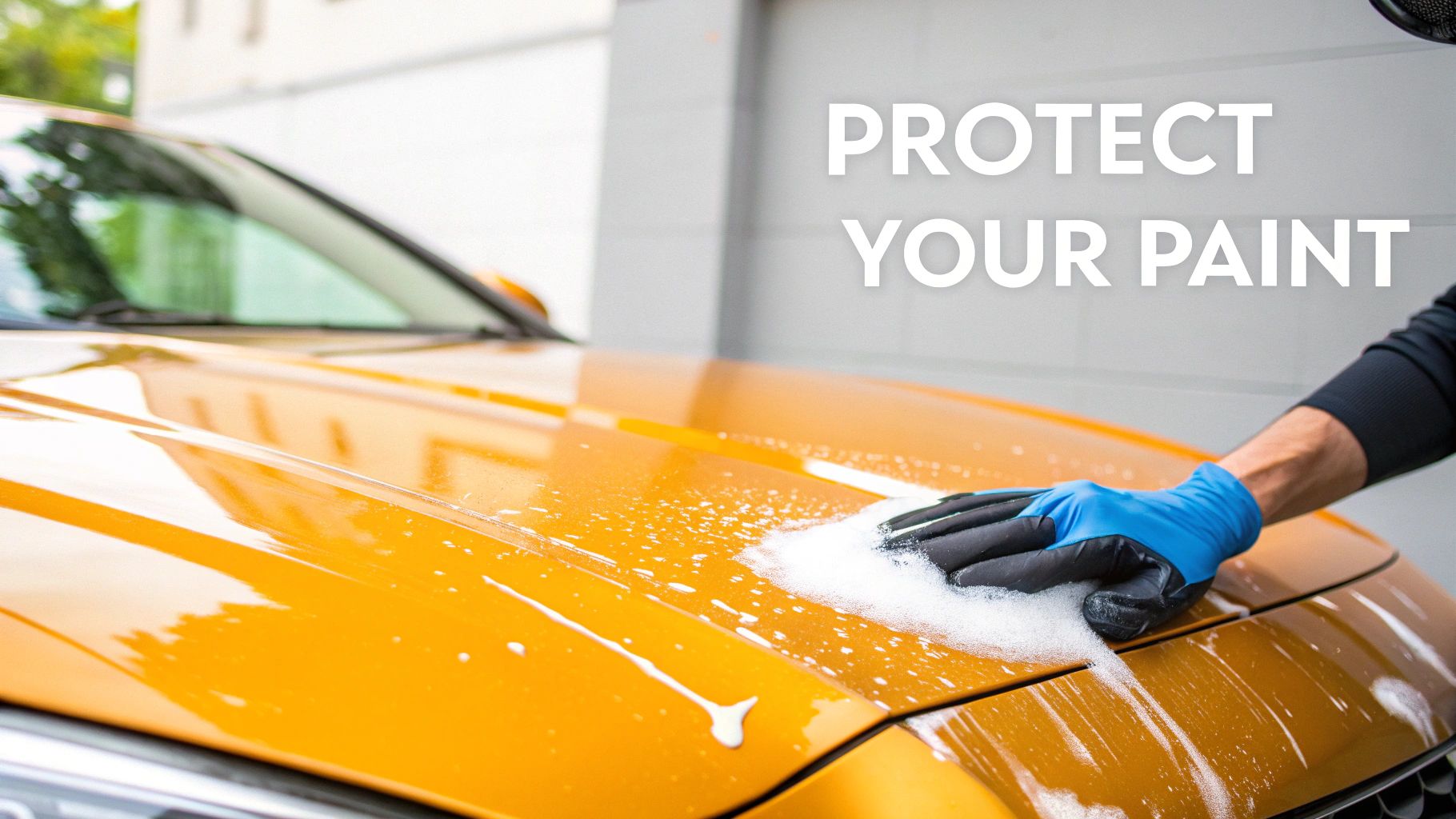 A person's gloved hand applies soap foam to the shiny orange hood of a car during washing.