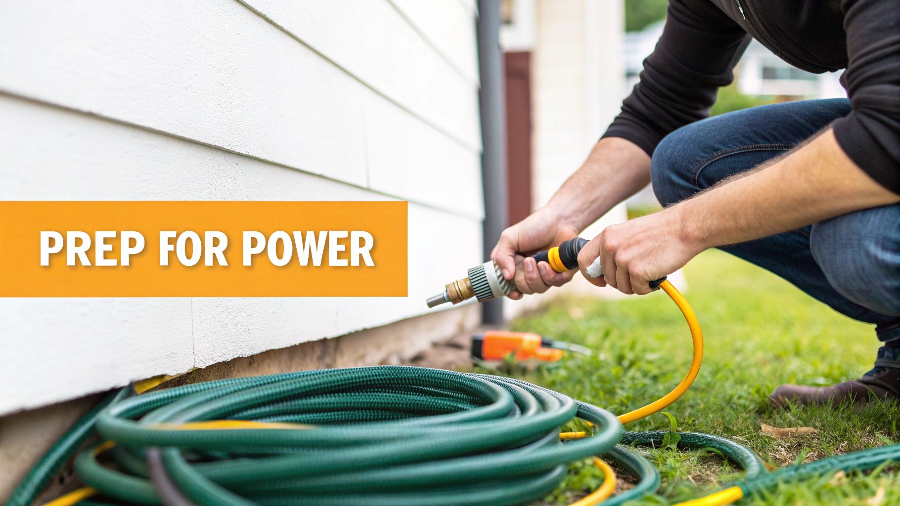 A person connecting a high-pressure nozzle to a garden hose with water spraying in the background