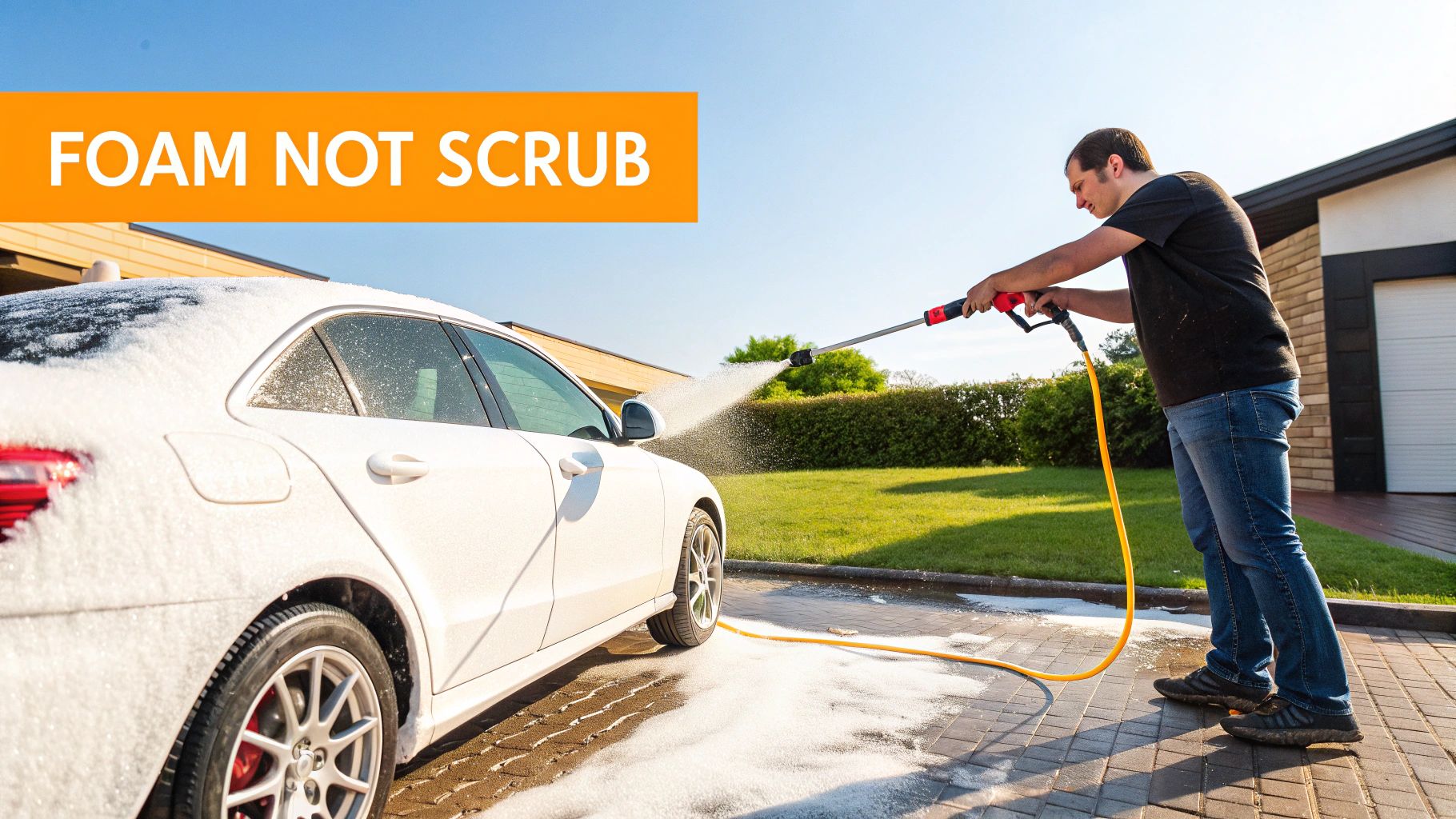 A man uses a pressure washer to apply foam to a white car outdoors on a sunny day.
