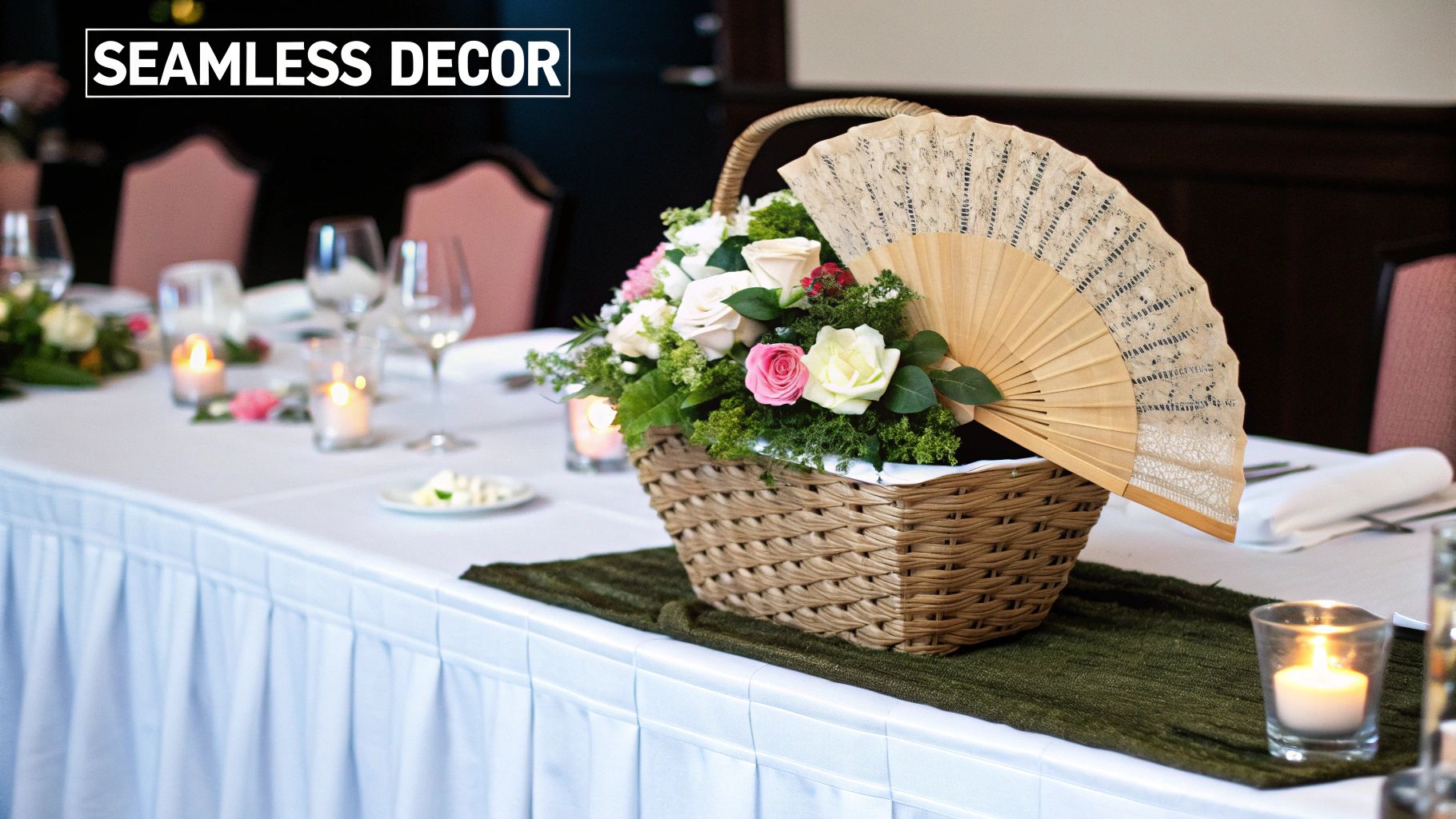 An elegant event table centerpiece featuring a floral basket with roses, a decorative fan, and lit candles.