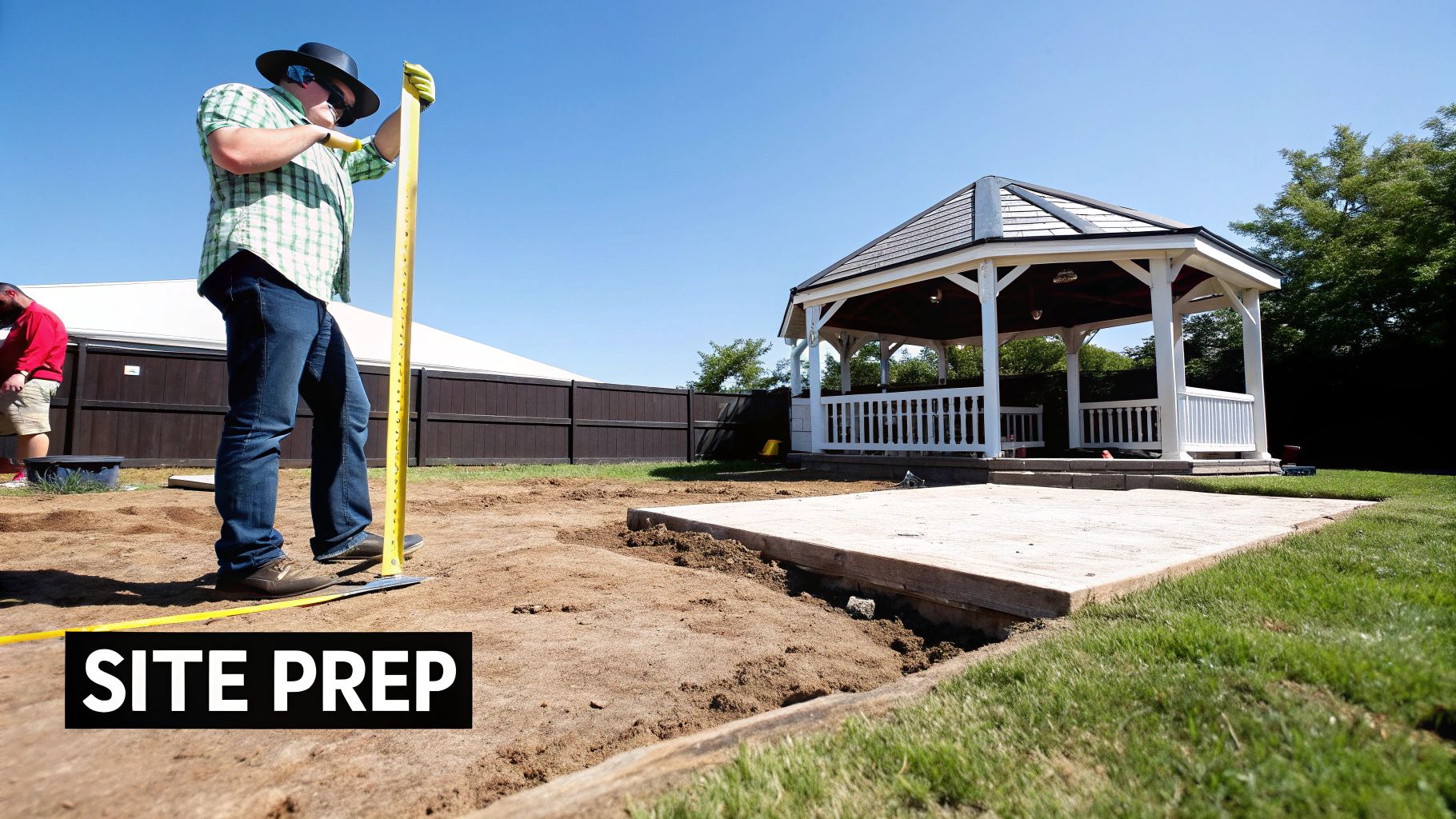 A man uses a leveling tool to prepare a backyard site for a gazebo installation.