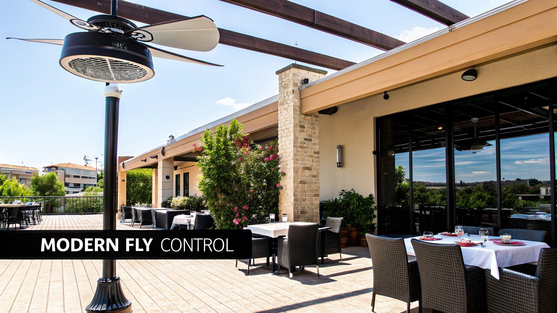 An outdoor restaurant patio with dining tables and a modern ceiling fan fly control device.