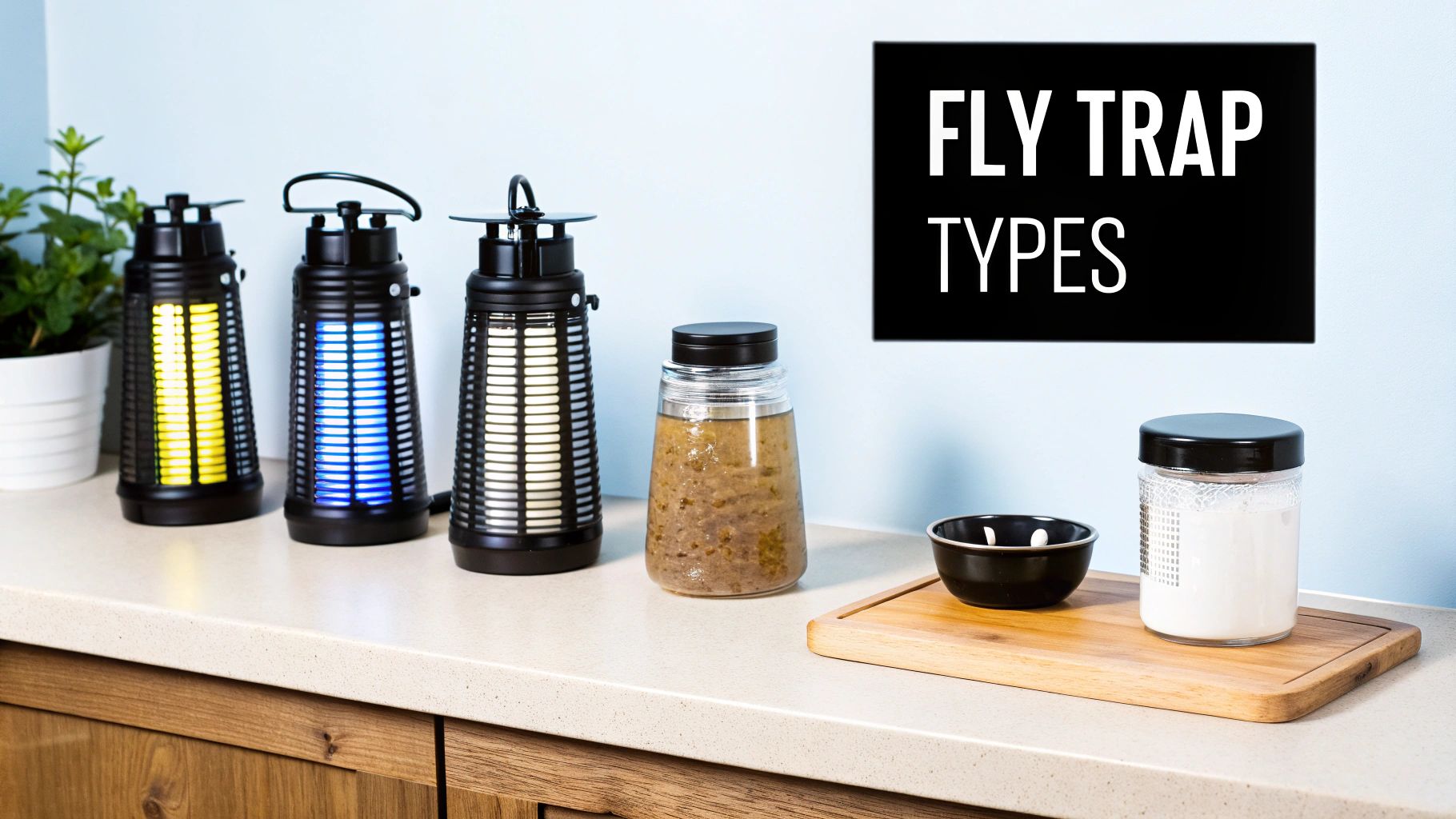 Various types of fly traps displayed on a counter, including bug zappers and bait traps.