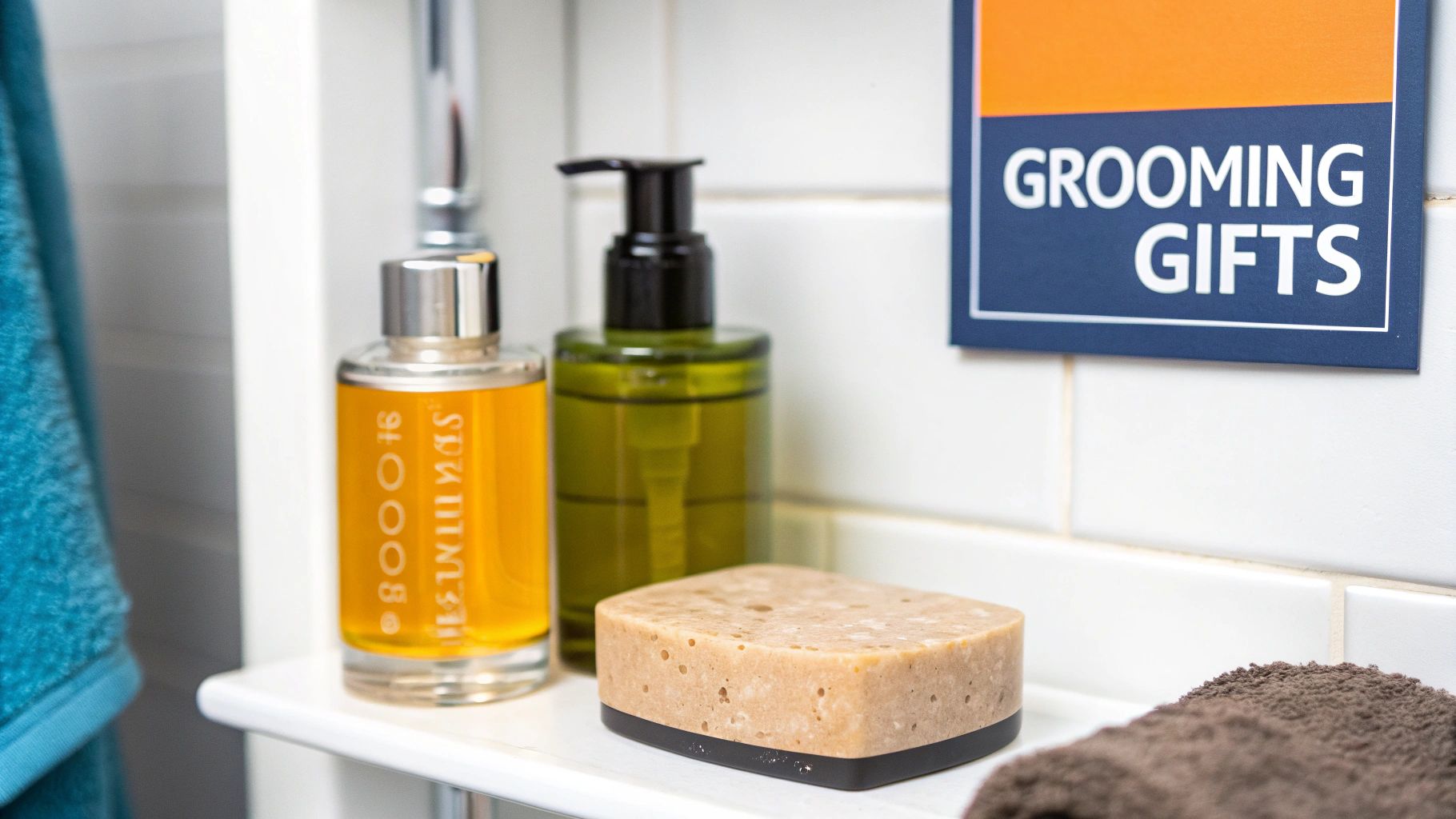 A bathroom shelf features a collection of grooming products, including a soap bar and liquid bottles, with a "Grooming Gifts" sign.