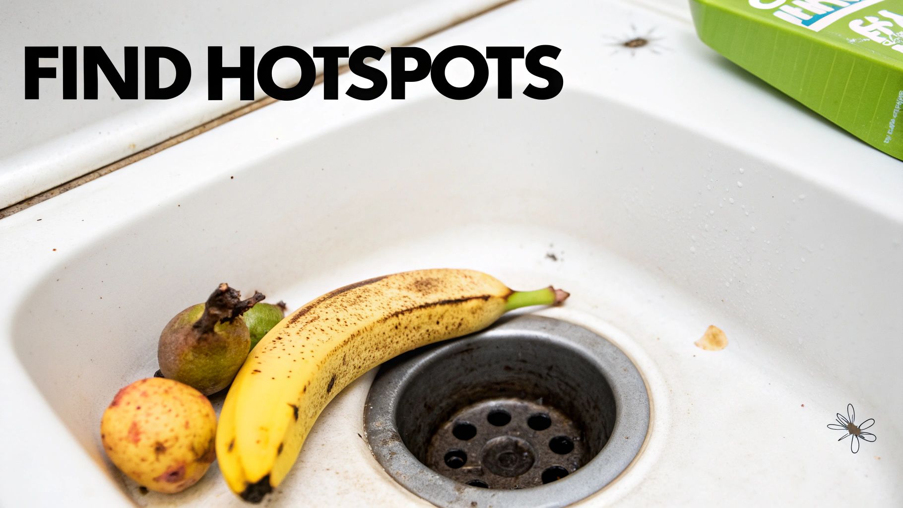 A dirty kitchen sink with rotting banana and other fruits, attracting fruit flies.