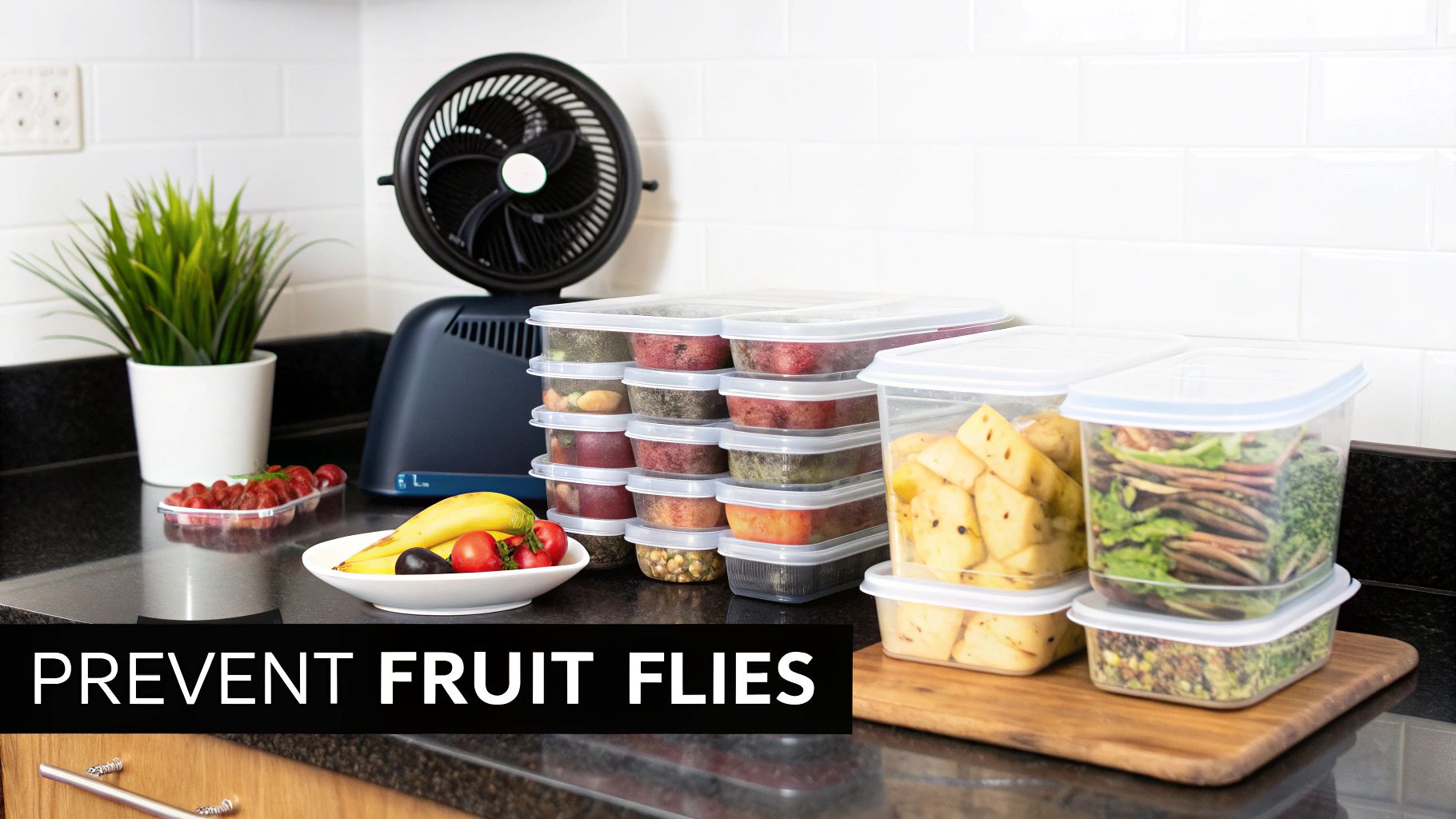 Organized kitchen counter with fresh produce in storage containers and a fan to deter fruit flies.