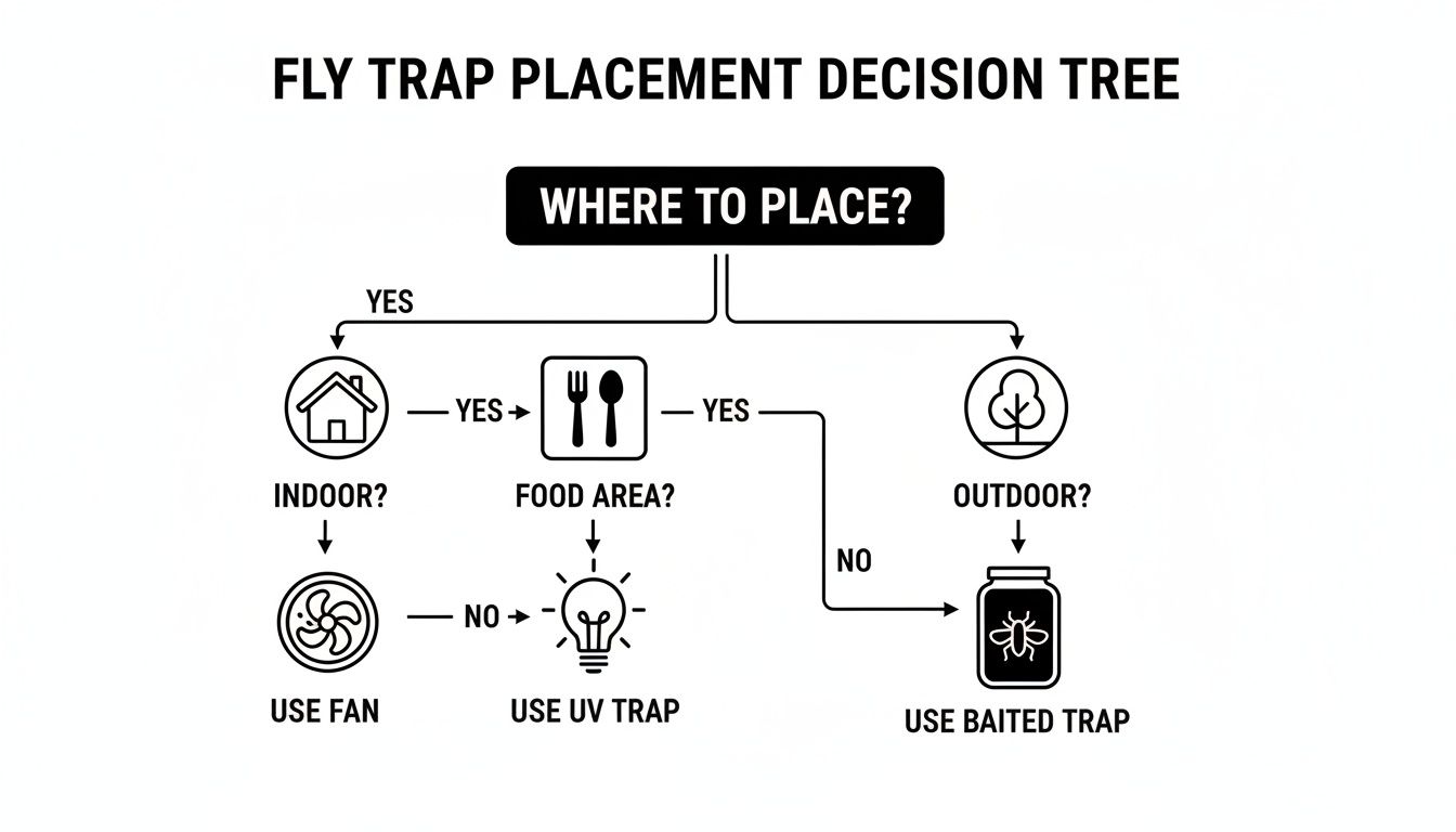 A decision tree flowchart for fly trap placement, differentiating between indoor, outdoor, and food areas.