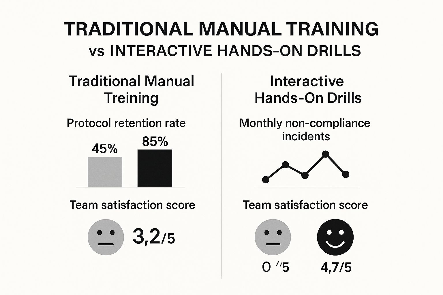 Infographic comparing traditional training to interactive drills, showing higher retention, lower non-compliance, and better team satisfaction with interactive methods.