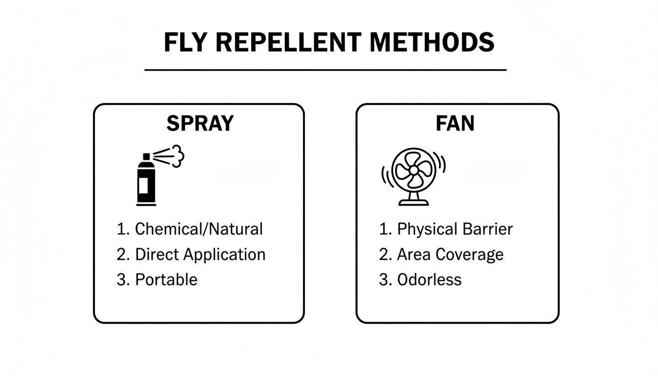 Comparison of fly repellent methods: spray (chemical/natural, portable) and fan (physical barrier, odorless).