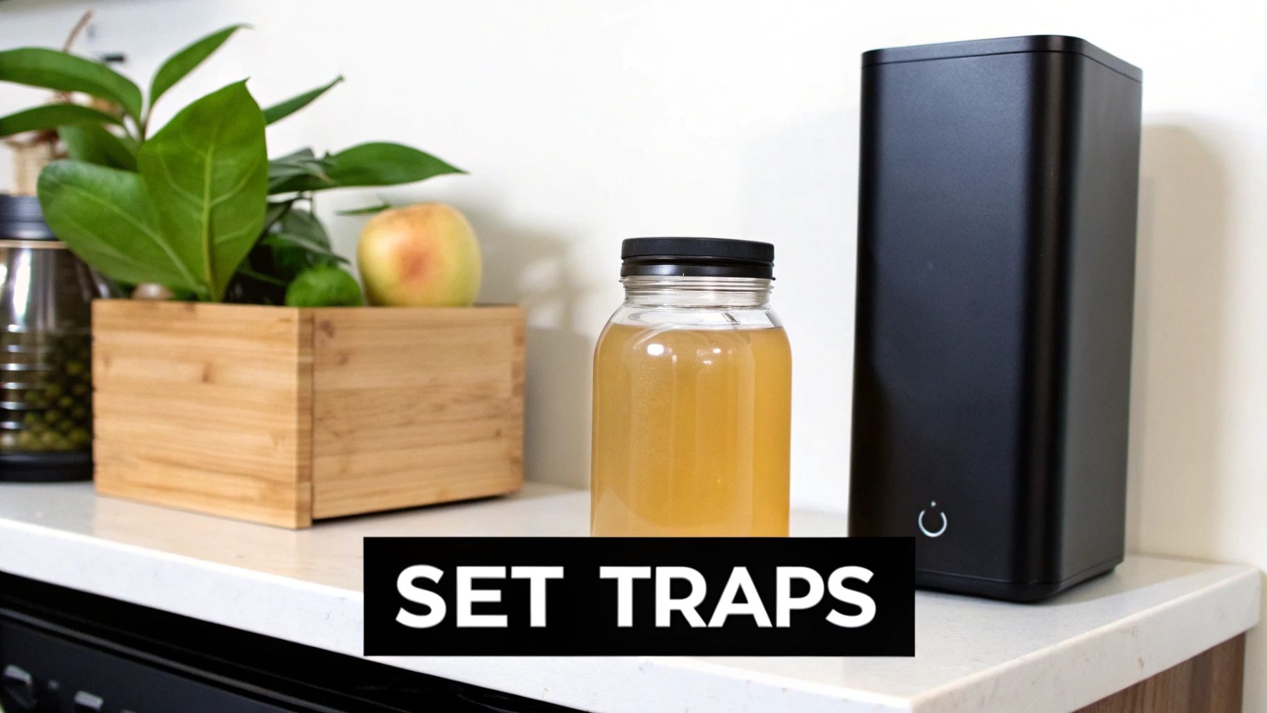 A countertop setup featuring green plants, an apple, a jar of liquid, and a black device, with text 'SET TRAPS' indicating fruit fly traps.