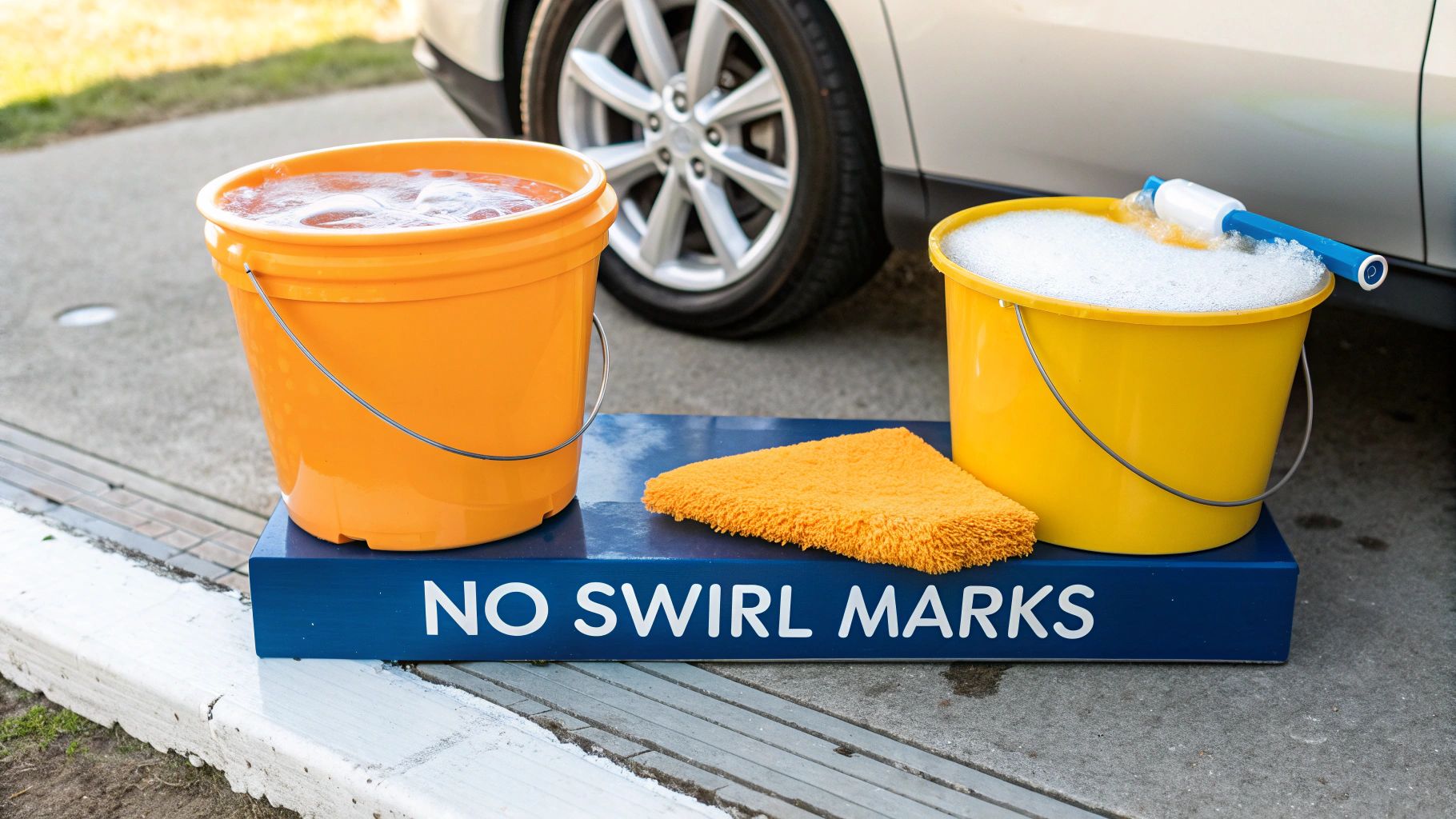 Car washing essentials: two buckets, a microfiber towel, and a brush on a blue 'NO SWIRL MARKS' stand.