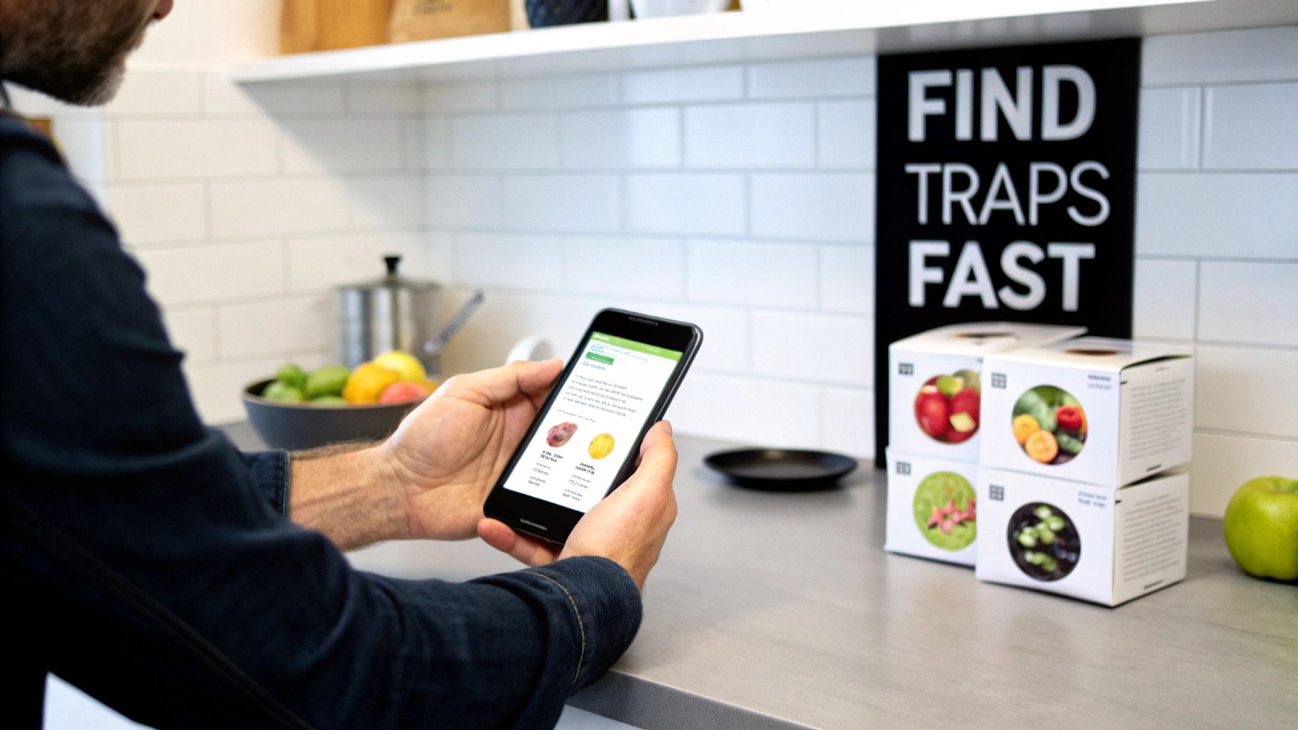 Person holds a phone displaying produce, with fruit fly trap boxes and a 'FIND TRAPS FAST' sign in a modern kitchen.