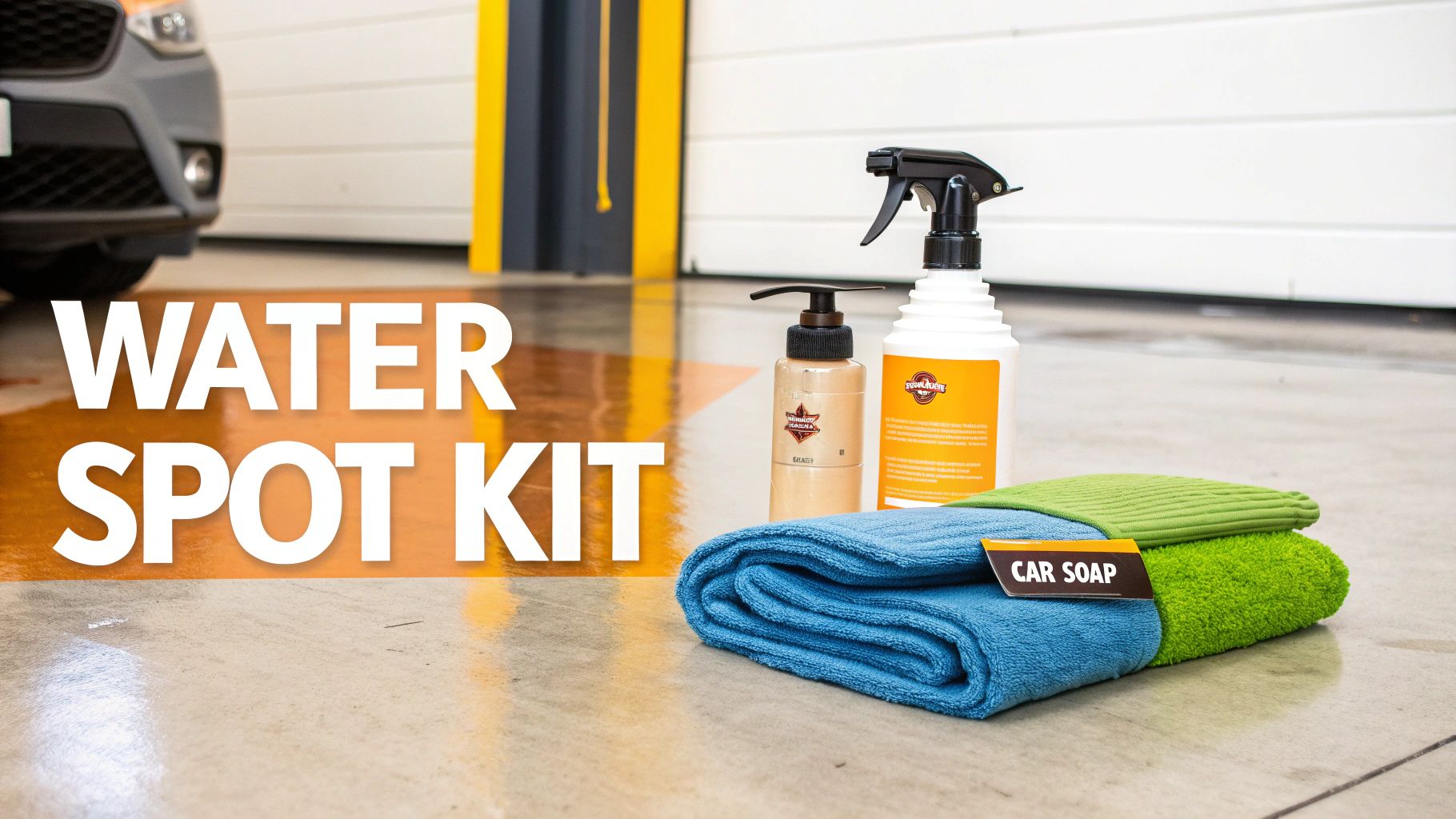 A collection of car detailing supplies, including microfiber towels and spray bottles, ready for use.