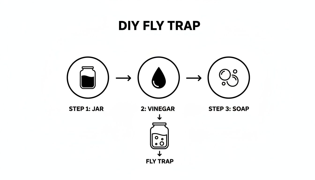 Diagram illustrating a DIY fly trap using a jar, vinegar, and soap in simple steps.