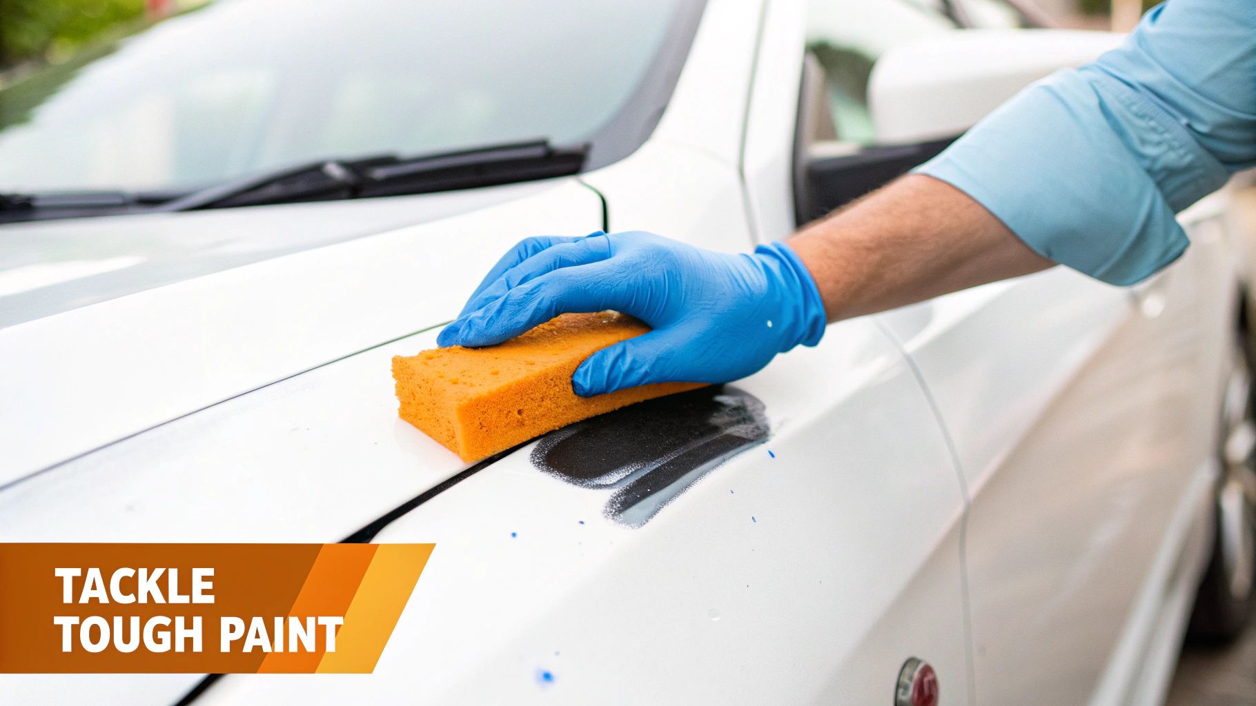 A person using a clay bar on a car's surface to remove contaminants.
