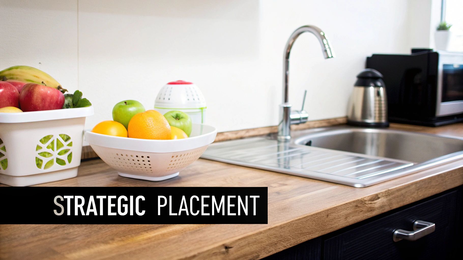 A variety of fresh fruits displayed in bowls on a clean kitchen countertop near a sink.