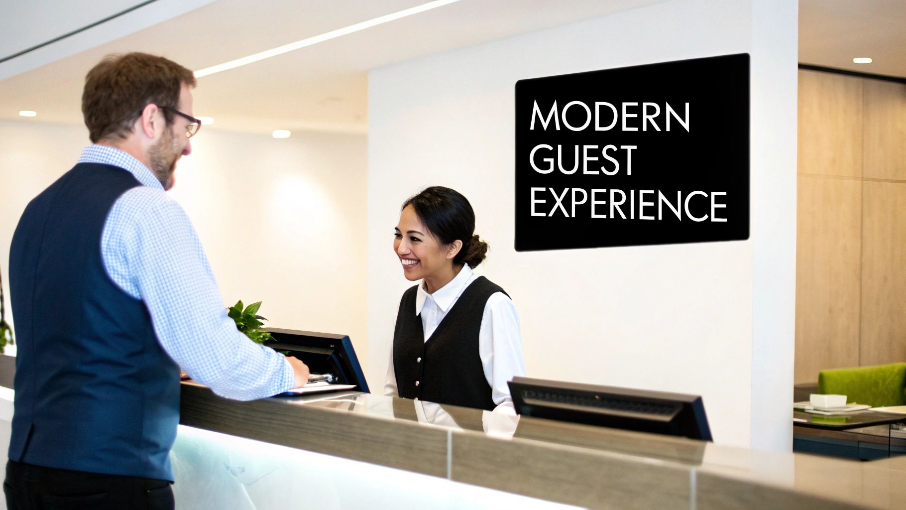 Smiling hotel receptionist assists a male guest at a modern reception desk, enhancing the guest experience.