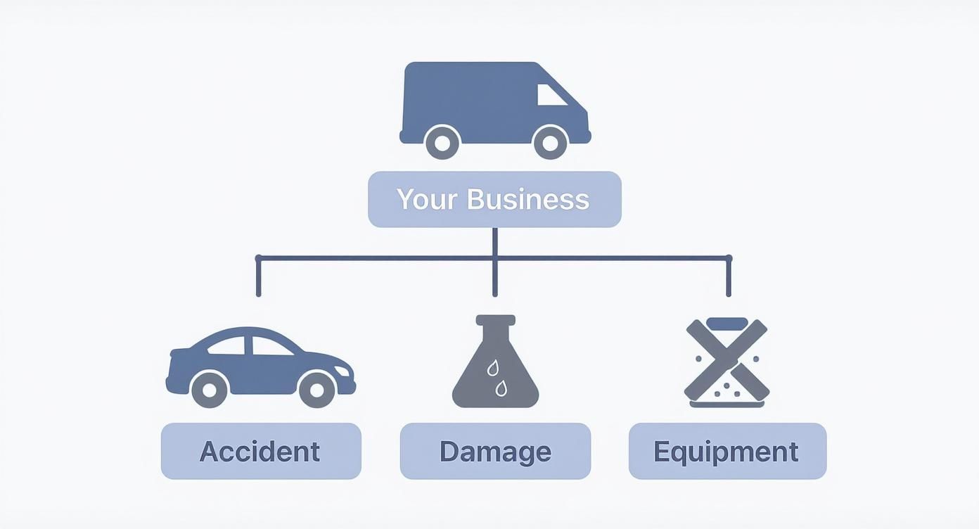 A diagram with a van icon representing 'Your Business' branching into three risks: 'Accident' (car icon), 'Damage' (beaker icon), and 'Equipment' (hourglass icon).