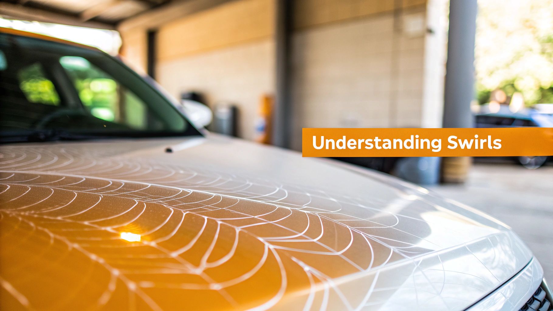 A close-up view of swirl marks on a black car's paint, highlighted by a light source.