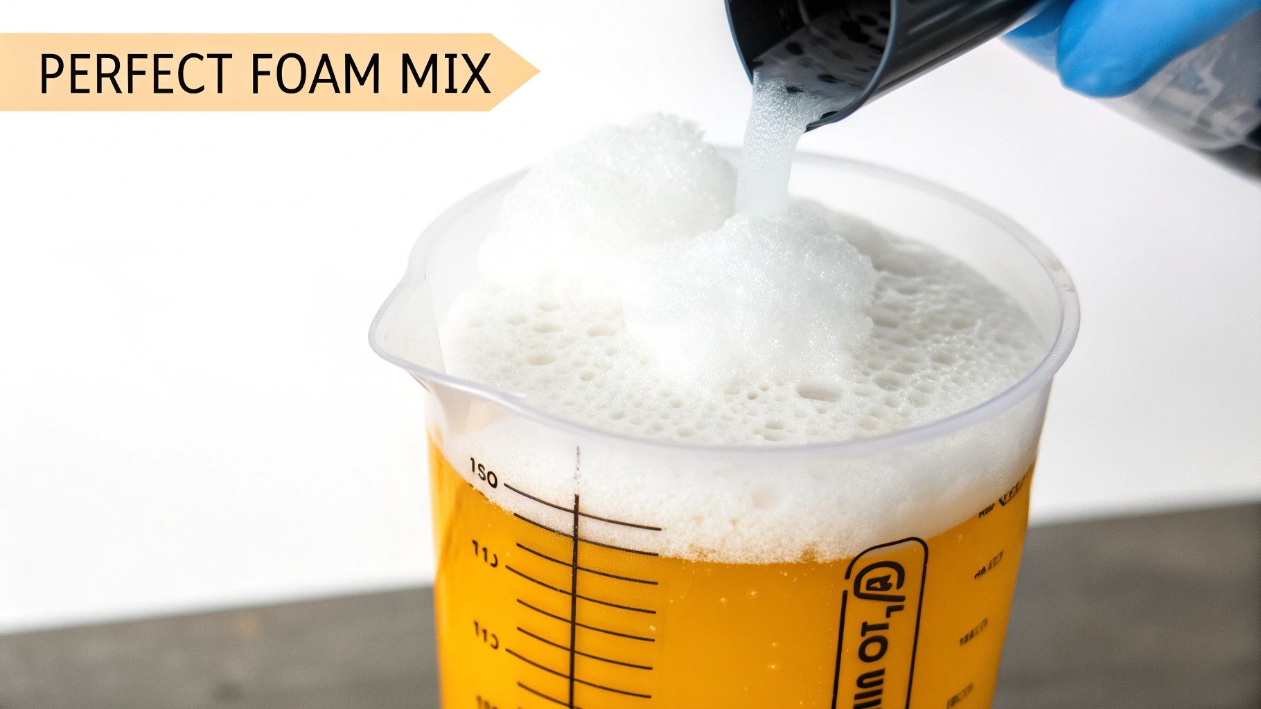A clear measuring cup with yellow liquid and white foam, as more foam is poured in, demonstrating a perfect foam mix.