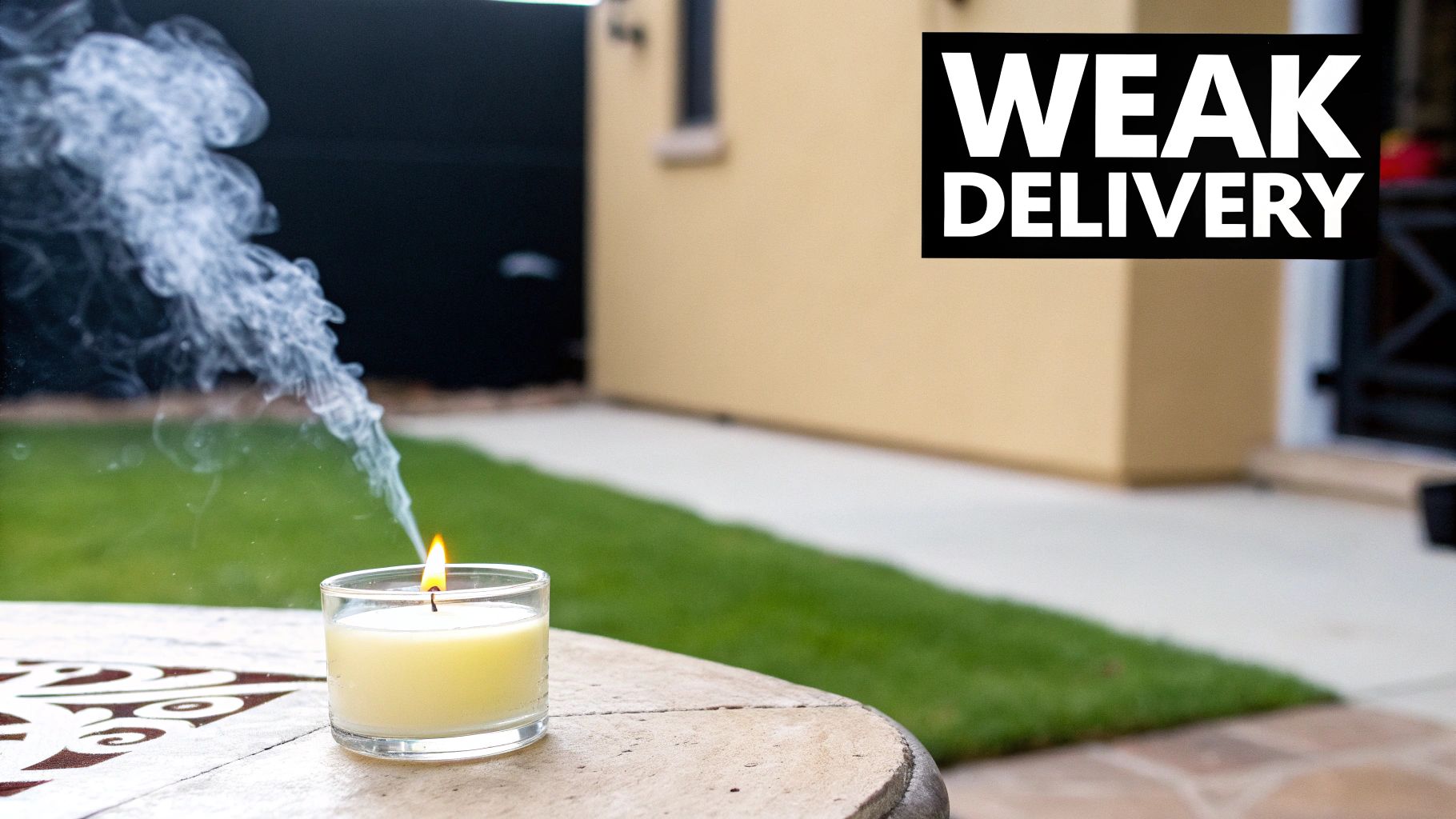 A citronella candle burning weakly on a wooden surface, symbolizing its ineffectiveness.